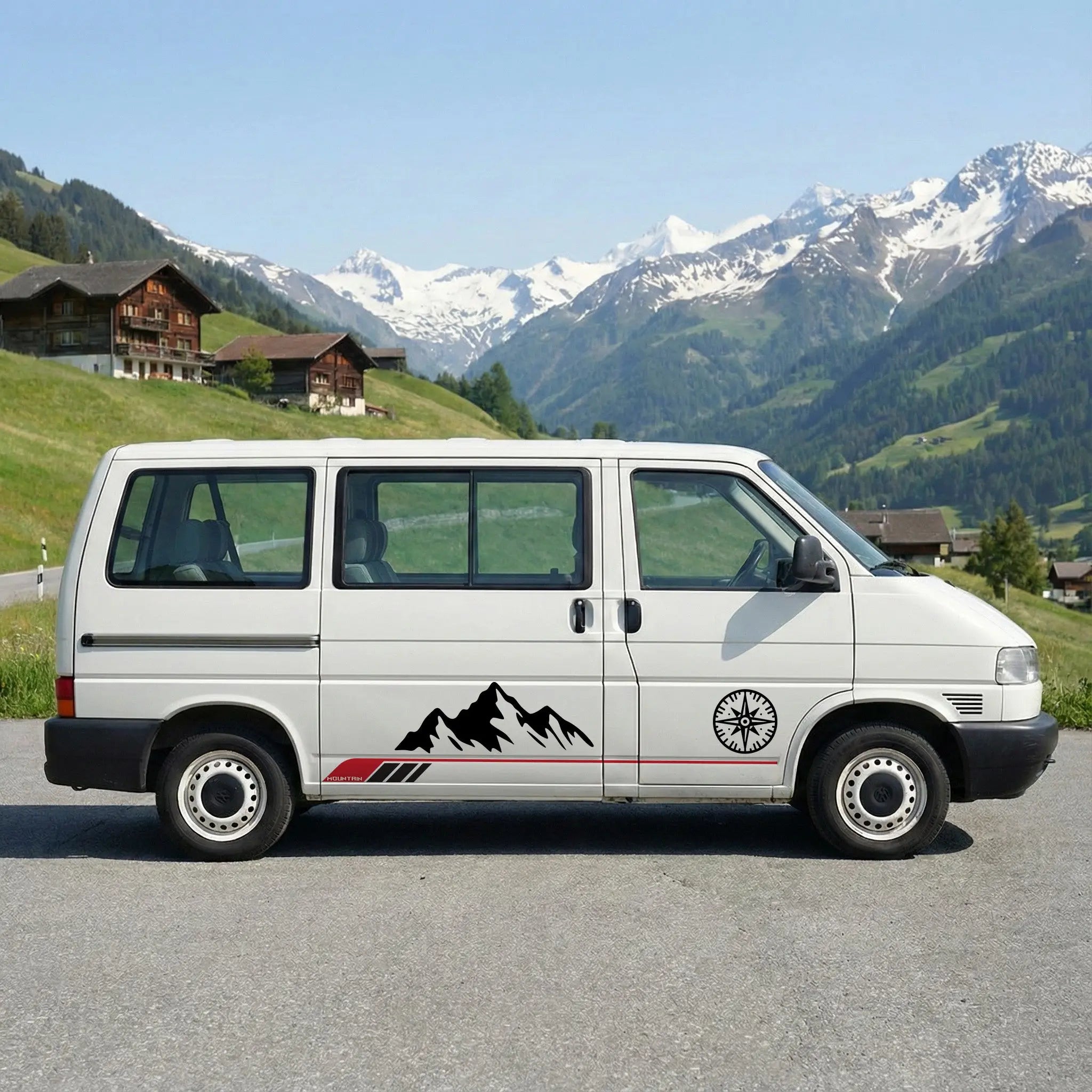 VW T4 Seitenstreifen Aufkleber Berge & Kompass – Camper Vanlife Auto Sticker personalisiert Prakto