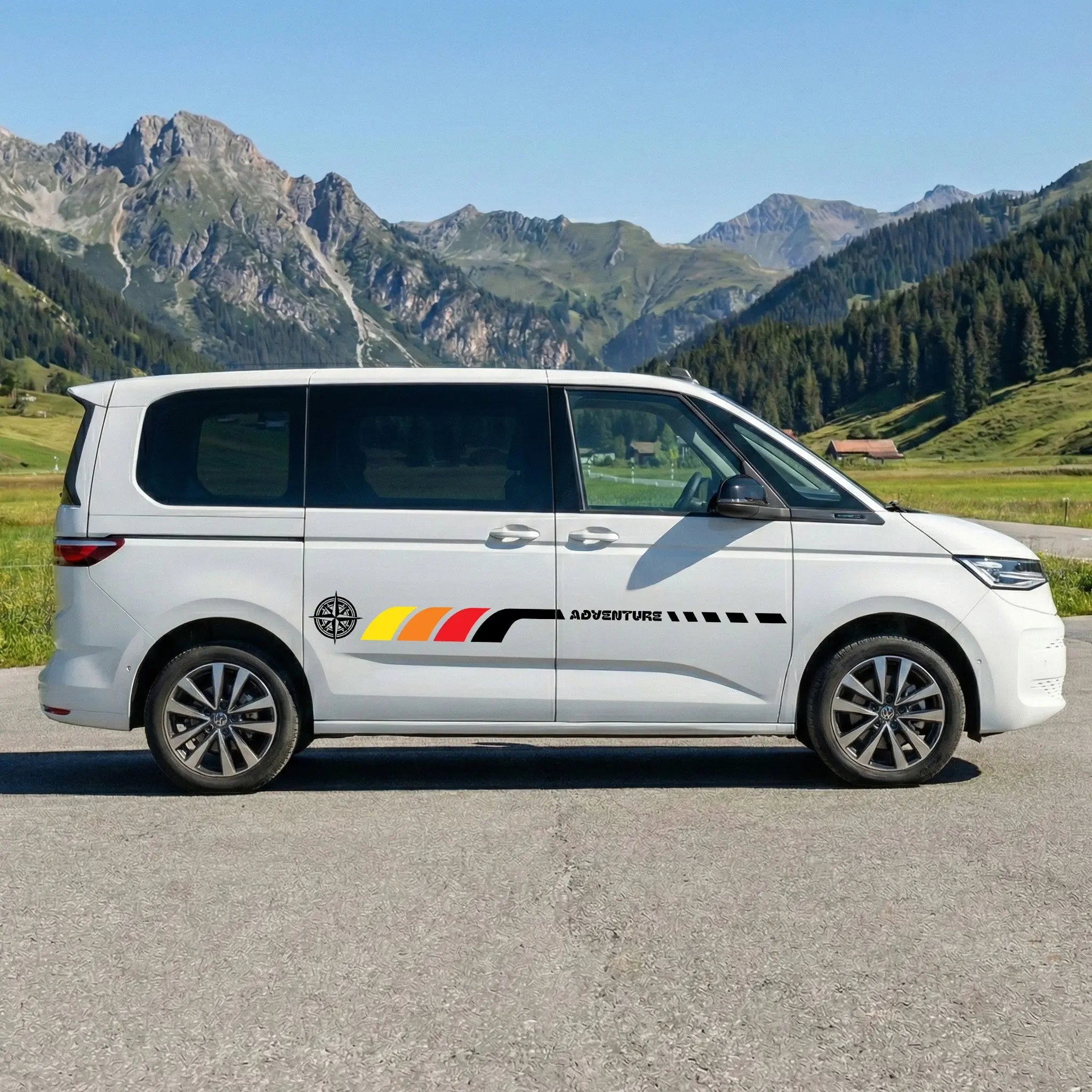 VW T7 Camper Seitenstreifen Aufkleber – Adventure Kompass Design mit Wunschtext | Vanlife Auto Sticker personalisiert Prakto