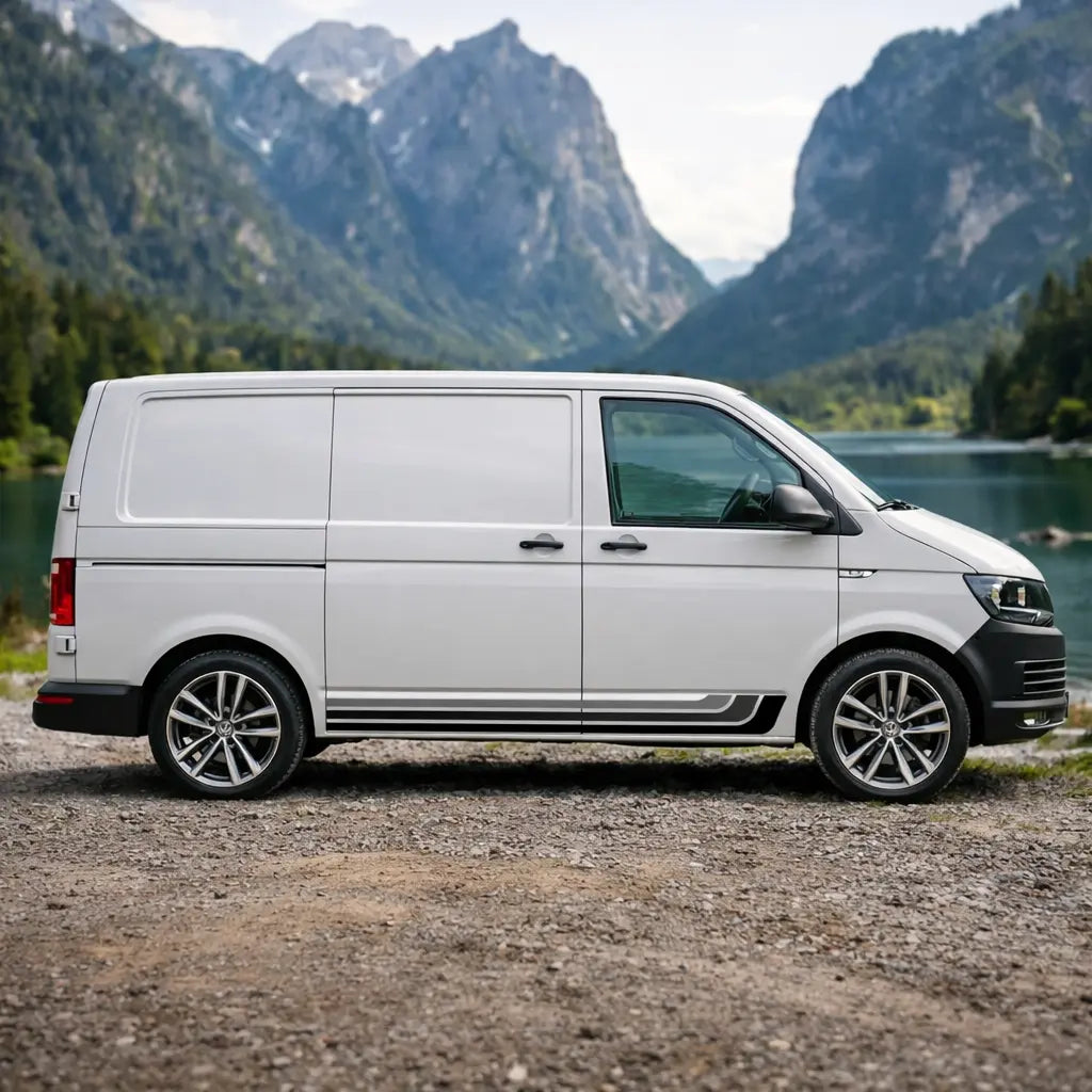 Modern Camper Van Side Stripe Decal Set (Left & Right) – Black & Grey Retro Vinyl Prakto