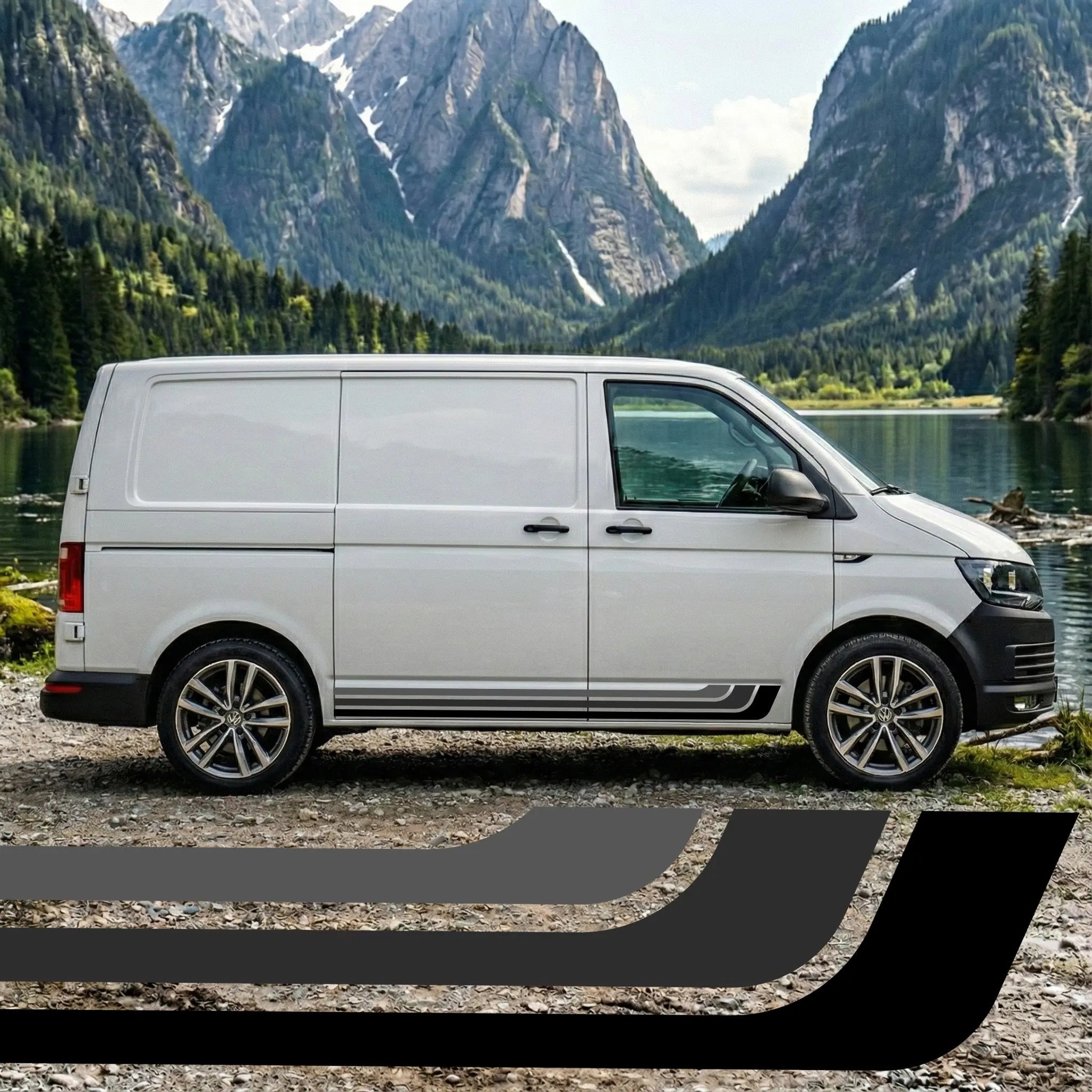 Modern Camper Van Side Stripe Decal Set (Left & Right) – Black & Grey Retro Vinyl Prakto