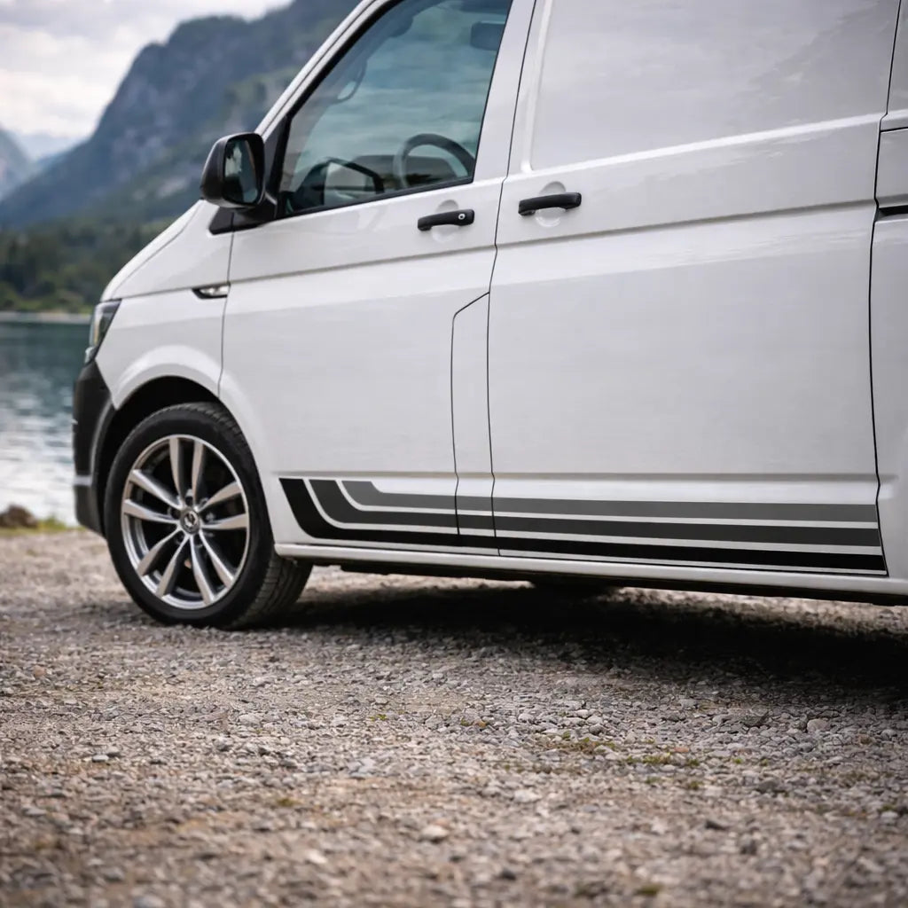Modern Camper Van Side Stripe Decal Set (Left & Right) – Black & Grey Retro Vinyl Prakto