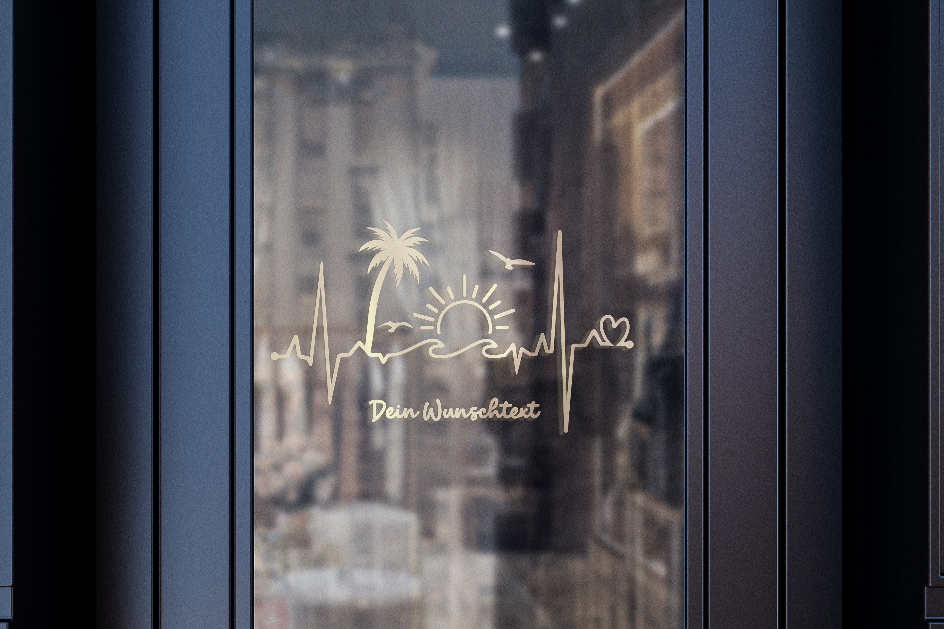 Herzschlag Palmen & Sonne Aufkleber – Personalisiert mit Wunschtext | Camper Van, Auto & Laptop Sticker | Sommer EKG Design