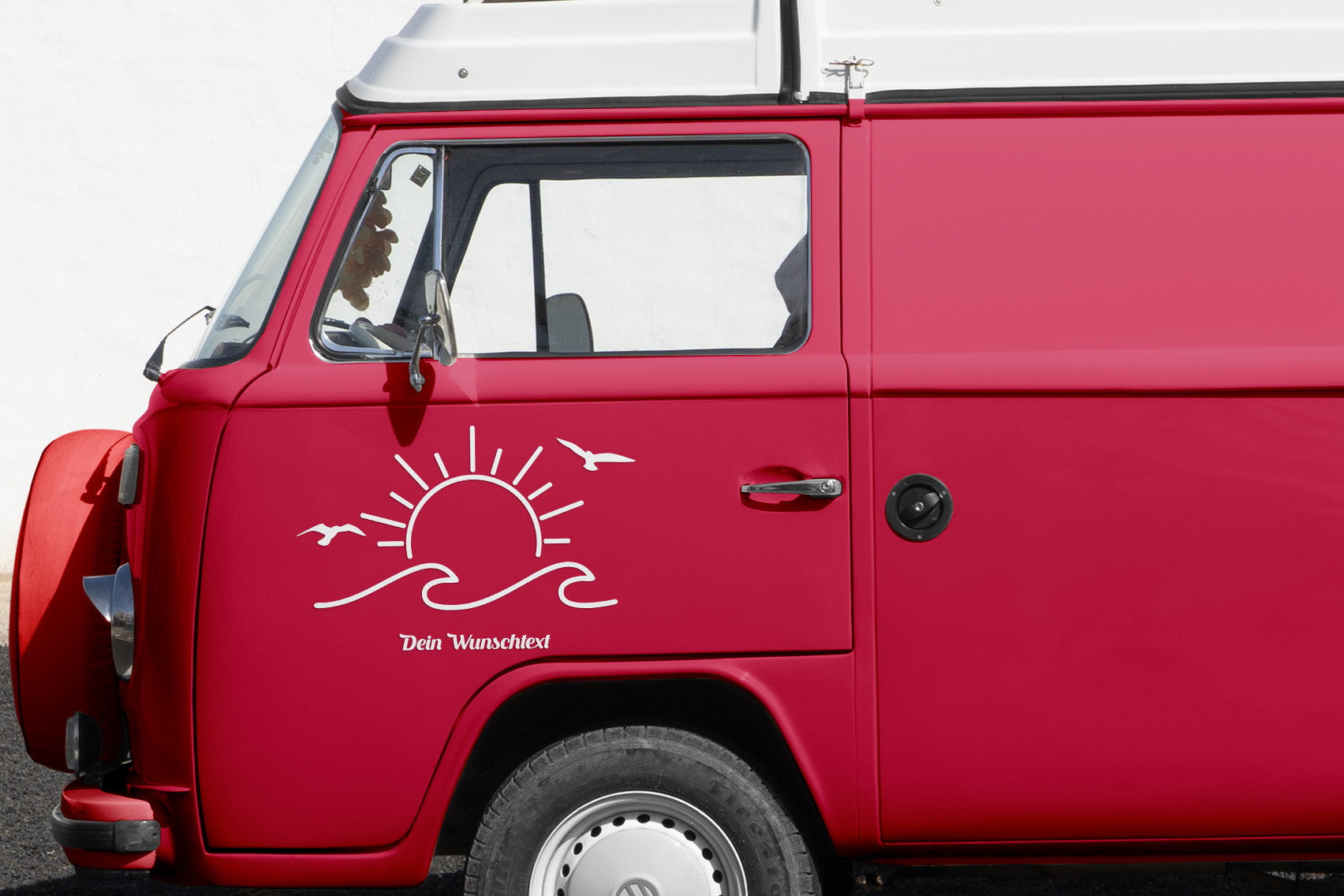 Sonne Welle & Möwen Aufkleber – Personalisiert mit Wunschtext | Camper Van, Wohnmobil & Laptop Sticker | Sommer Design