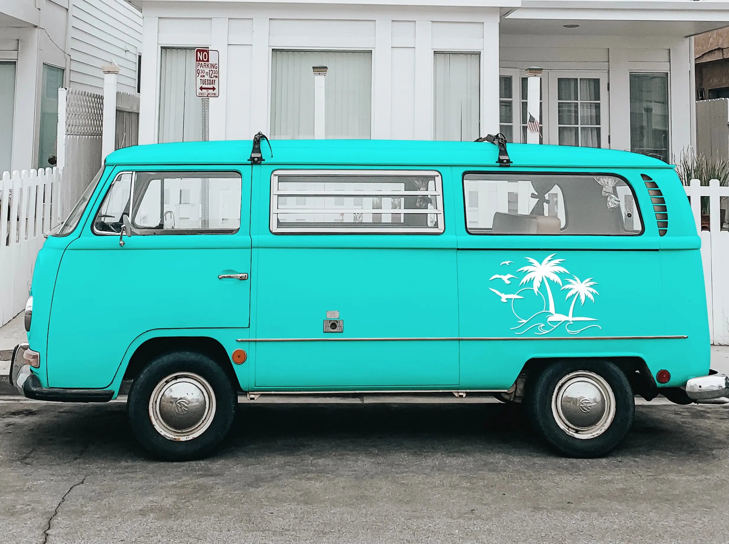 Sonne Welle Palmen Aufkleber – Camper Vanlife Decal | Surf Style Auto & Wohnmobil Sticker | Premium Vinyl Prakto
