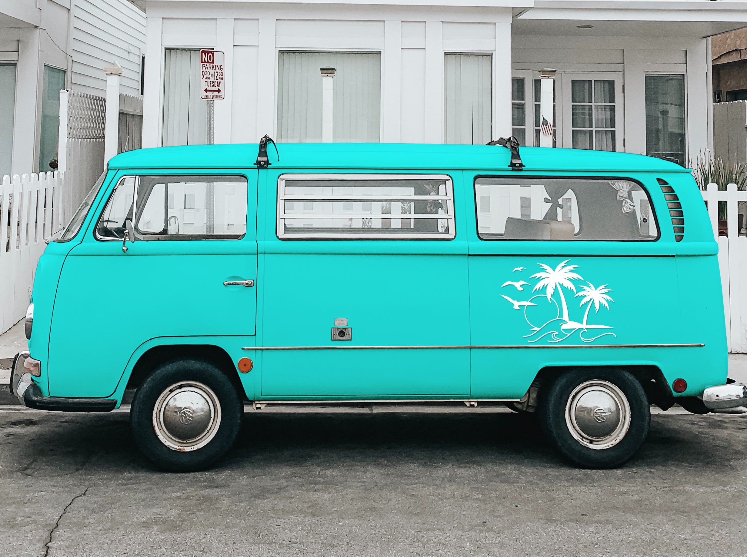 Sonne Welle Palmen Aufkleber – Camper Vanlife Decal | Surf Style Auto & Wohnmobil Sticker | Premium Vinyl