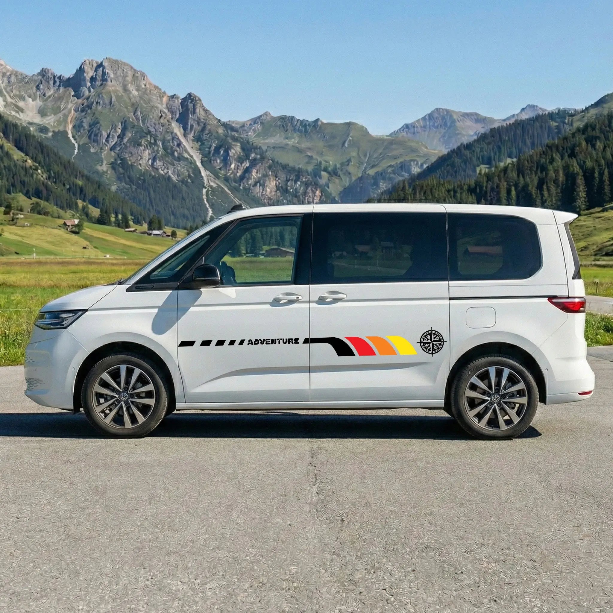 VW T7 Camper Seitenstreifen Aufkleber – Adventure Kompass Design mit Wunschtext | Vanlife Auto Sticker personalisiert Prakto