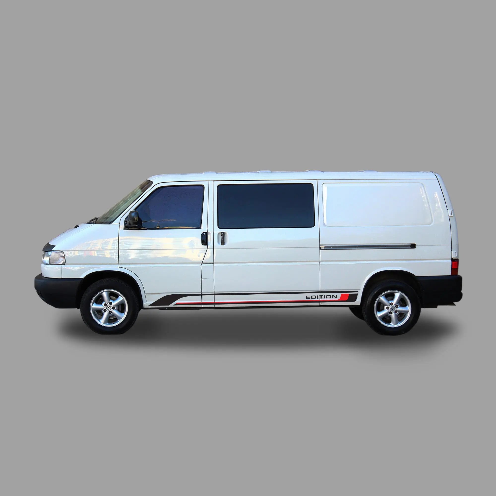 VW T4 Seitenstreifen Set EDITION – Schwarz Rot – Retro Bulli Aufkleber für Baujahre 1990–2003 Prakto