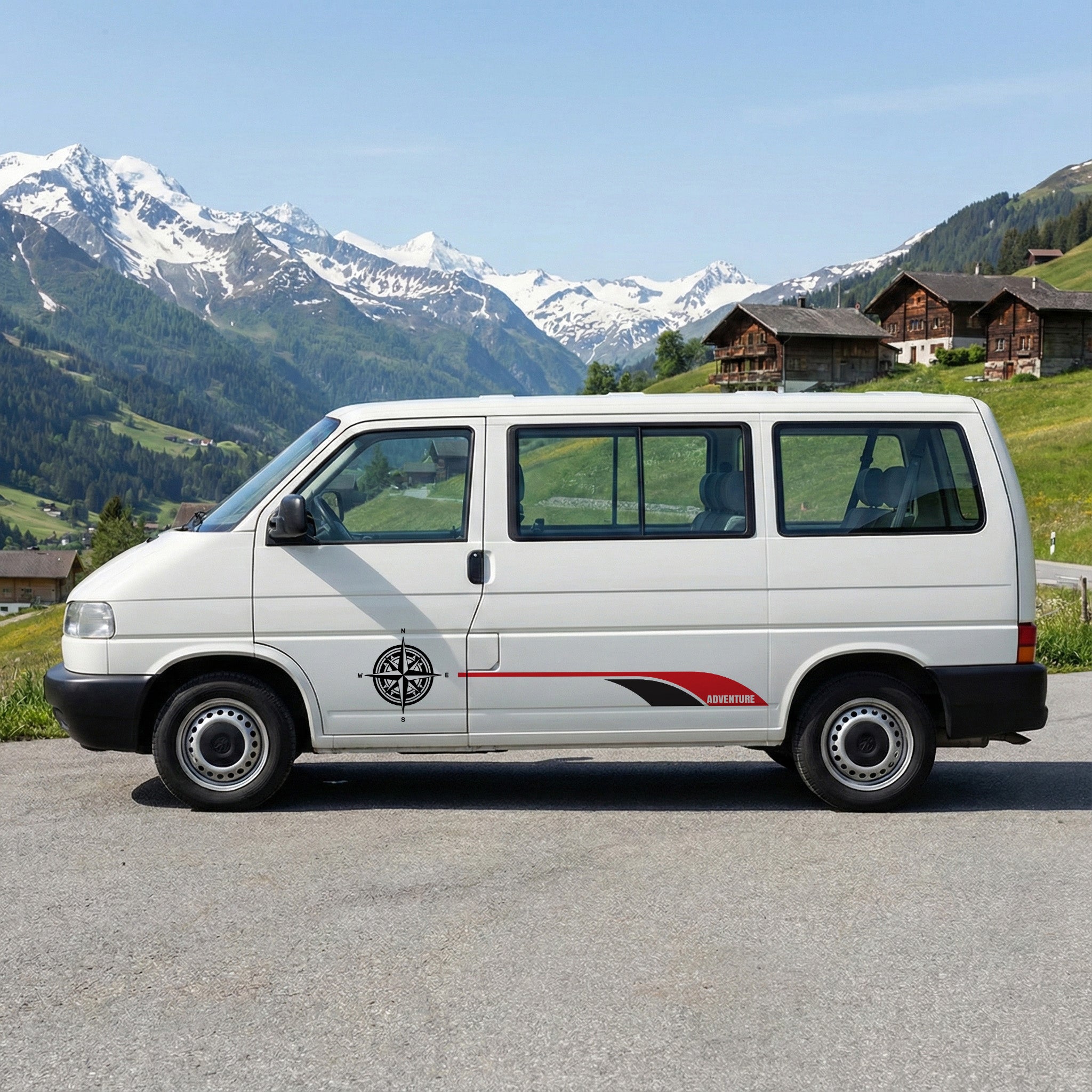 VW T4 Adventure Seitenstreifen Set – Camper Aufkleber mit Wunschtext & Kompass Design