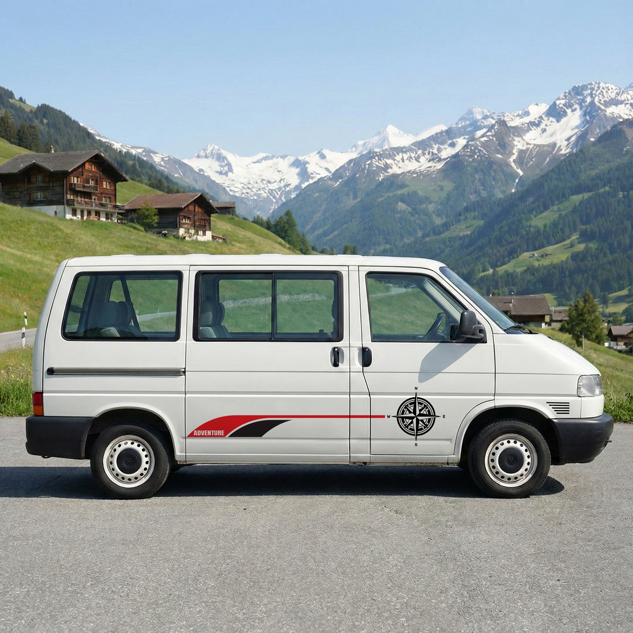 VW T4 Adventure Seitenstreifen Set – Camper Aufkleber mit Wunschtext & Kompass Design