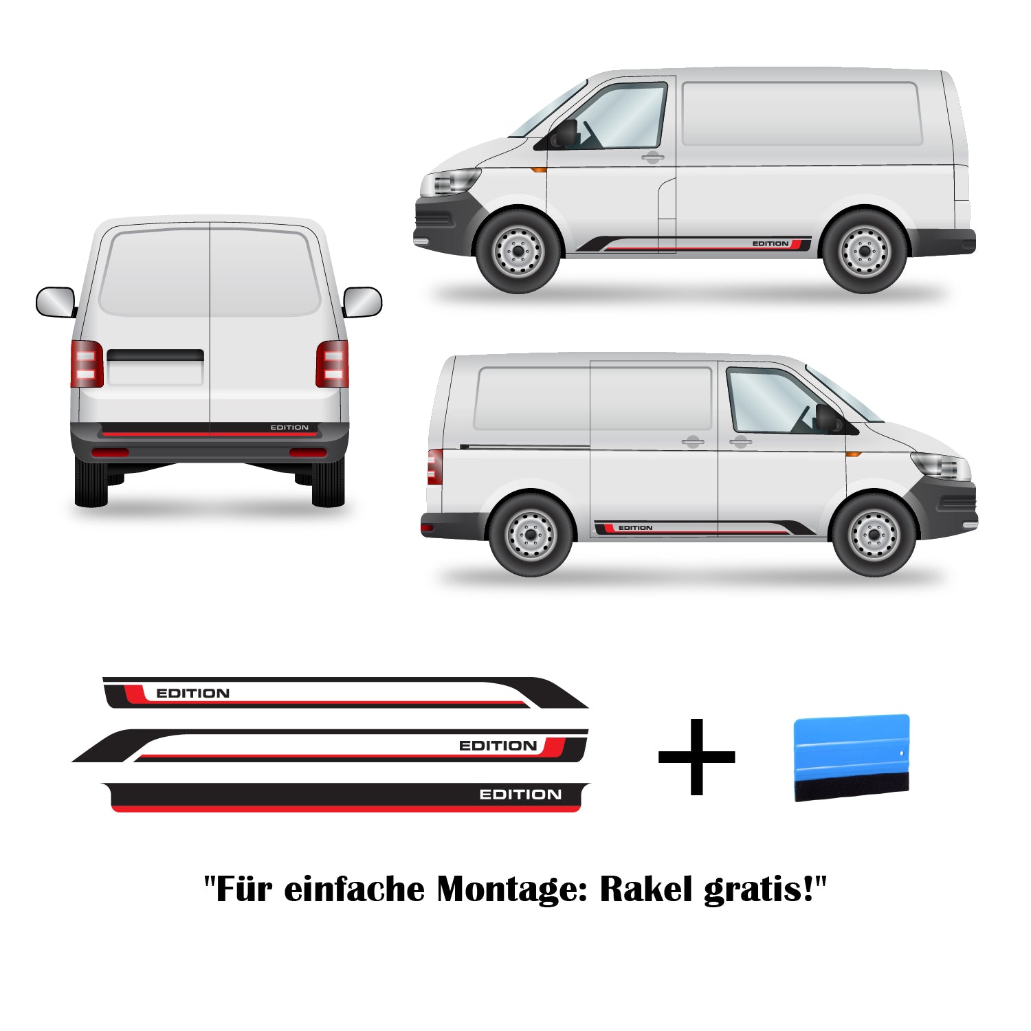 VW T5 & T5.1 Seitenstreifen Set EDITION Schwarz Rot | Facelift Tuning Aufkleber | Heckklappe & Flügeltüren | Kurz & Lang