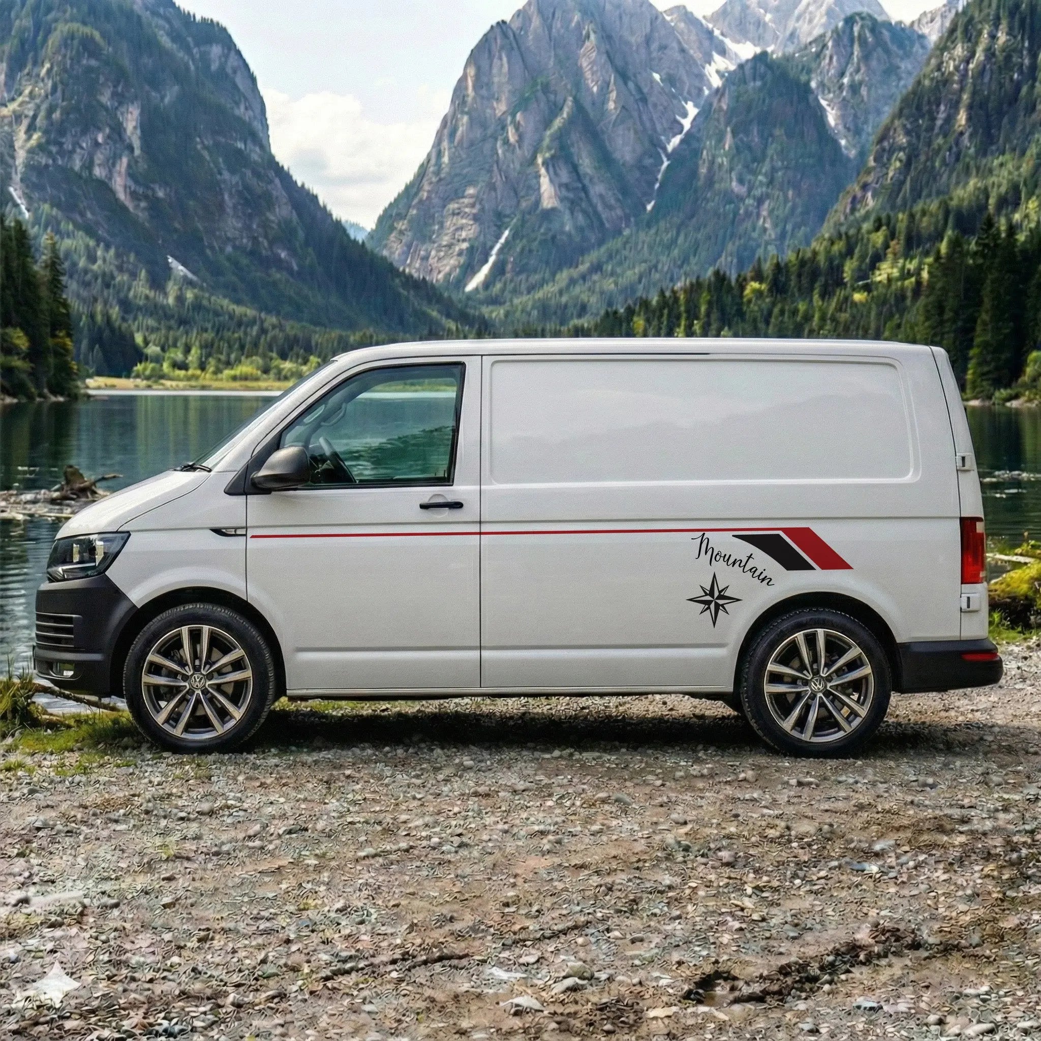 VW T5 T6 T6.1 Seitenstreifen Aufkleber Berge Freiheit Leben – Camper Vanlife Auto Sticker personalisiert Prakto