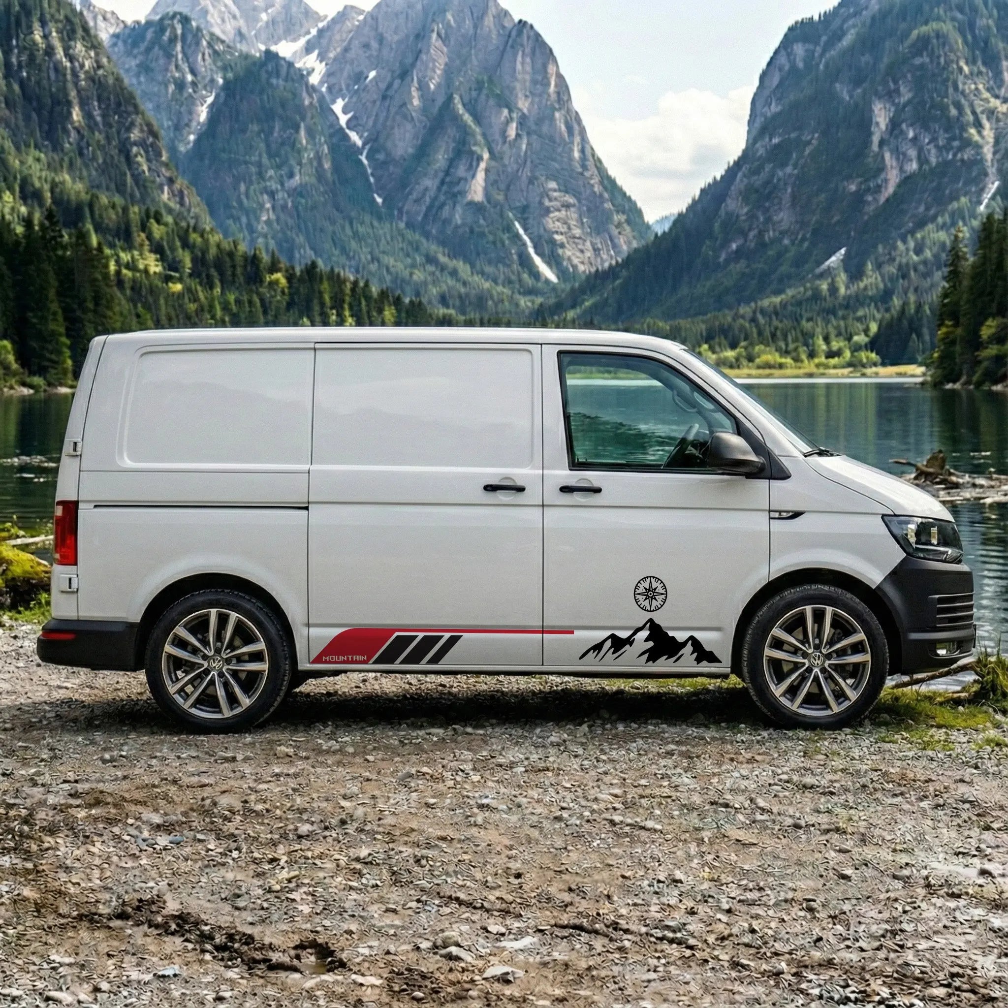 VW T5 T6 T6.1 Camper Seitenstreifen Set Berge & Kompass – Vanlife Aufkleber personalisiert Prakto