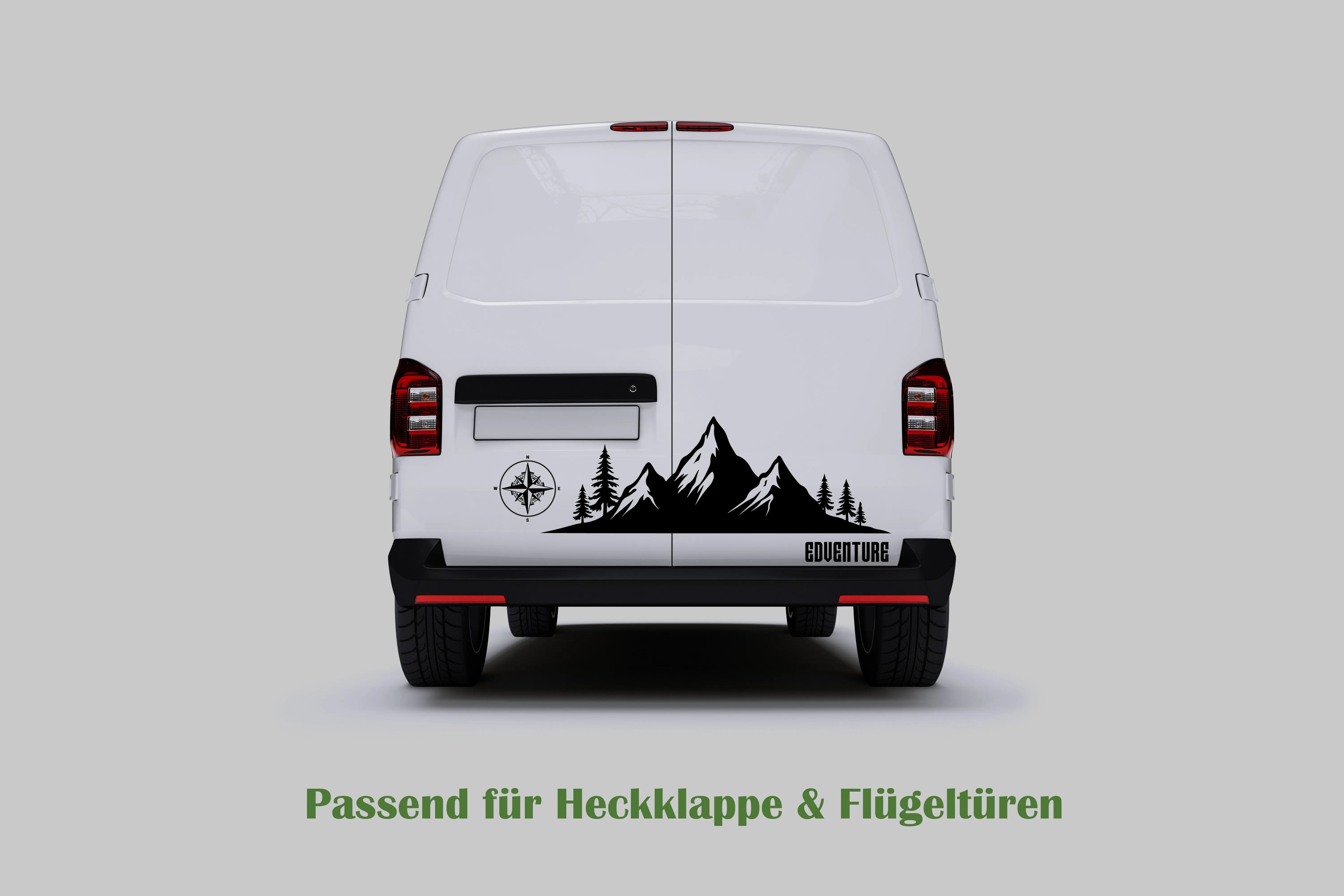 VW T5 / T6 Seitenstreifen „Adventure“ Berge & Kompass – personalisierbar – Set für Seiten + Heck Prakto