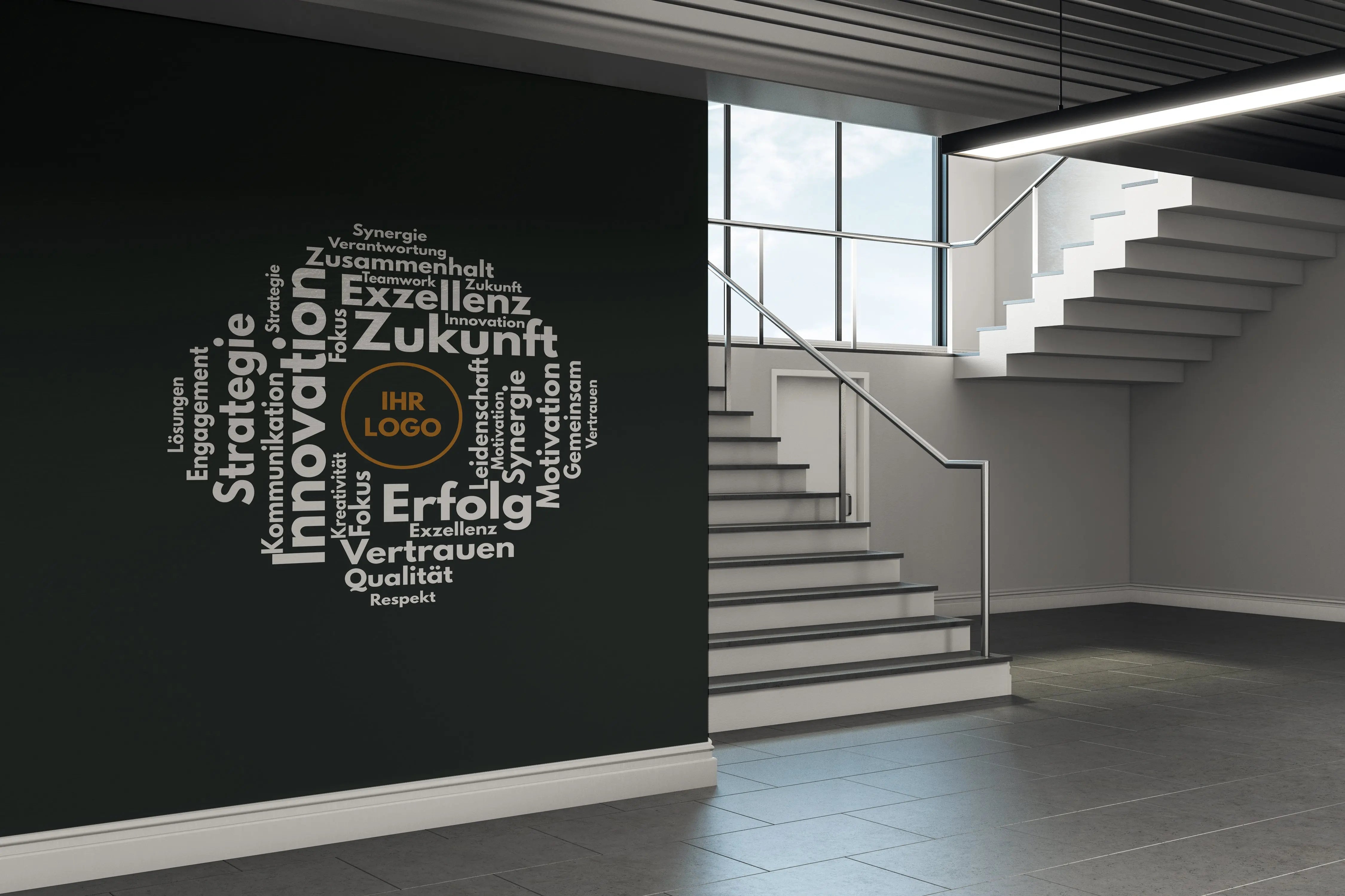 Wandtattoo Büro Wortwolke – Personalisiert mit Logo | Business Wandaufkleber für Office & Empfang Prakto