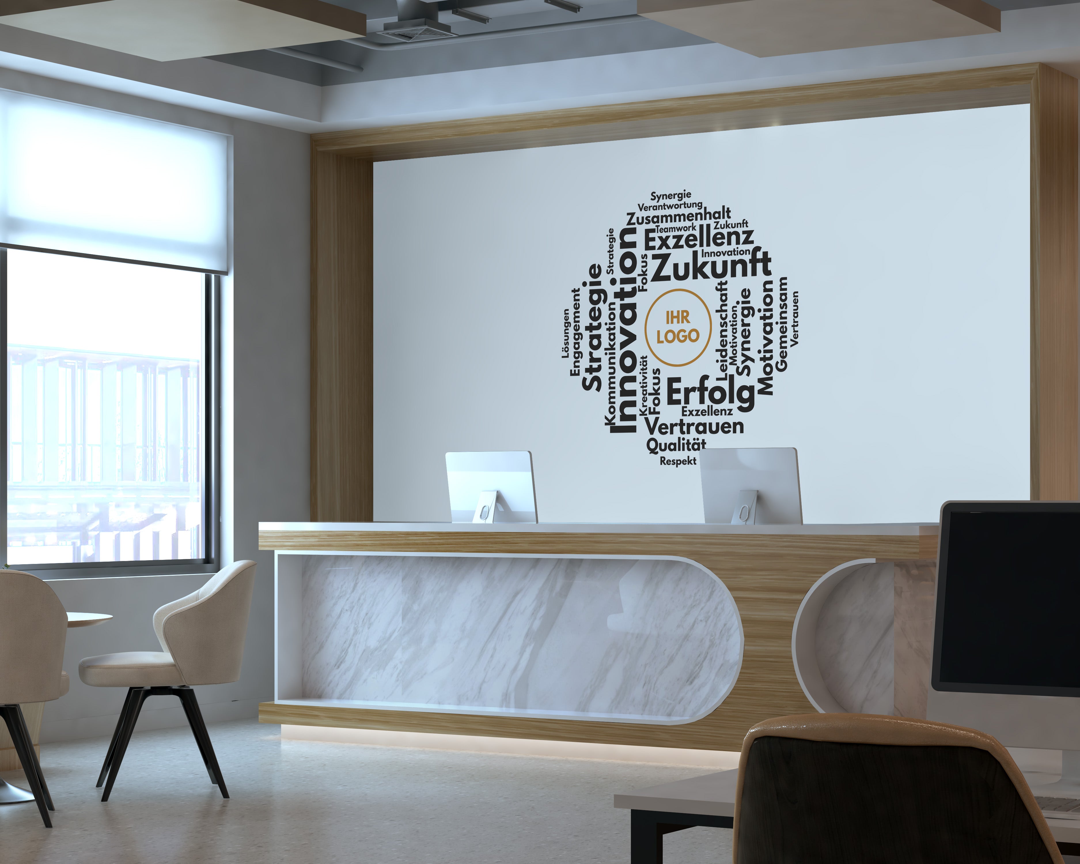 Wandtattoo Büro Wortwolke – Personalisiert mit Logo | Business Wandaufkleber für Office & Empfang