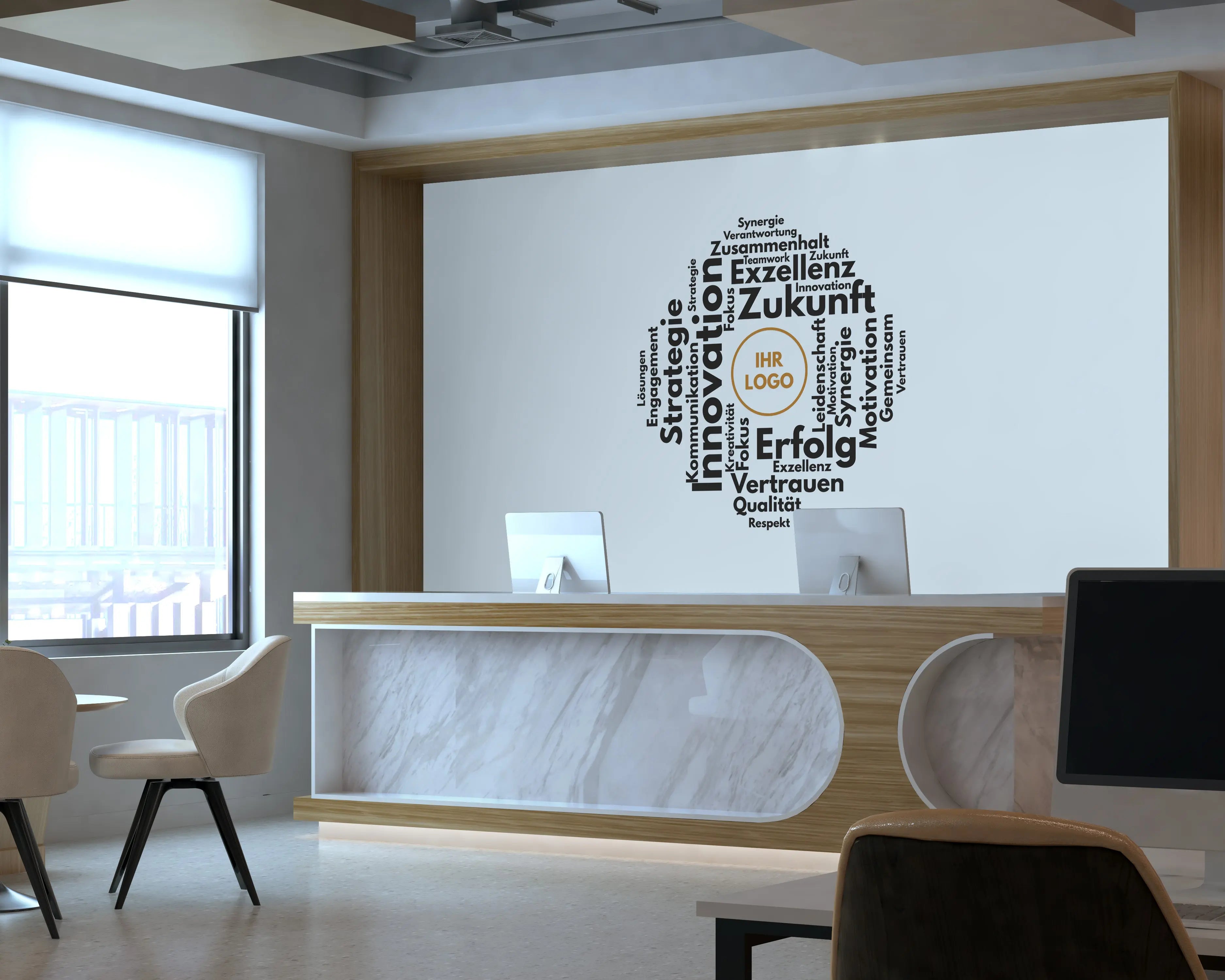 Wandtattoo Büro Wortwolke – Personalisiert mit Logo | Business Wandaufkleber für Office & Empfang Prakto