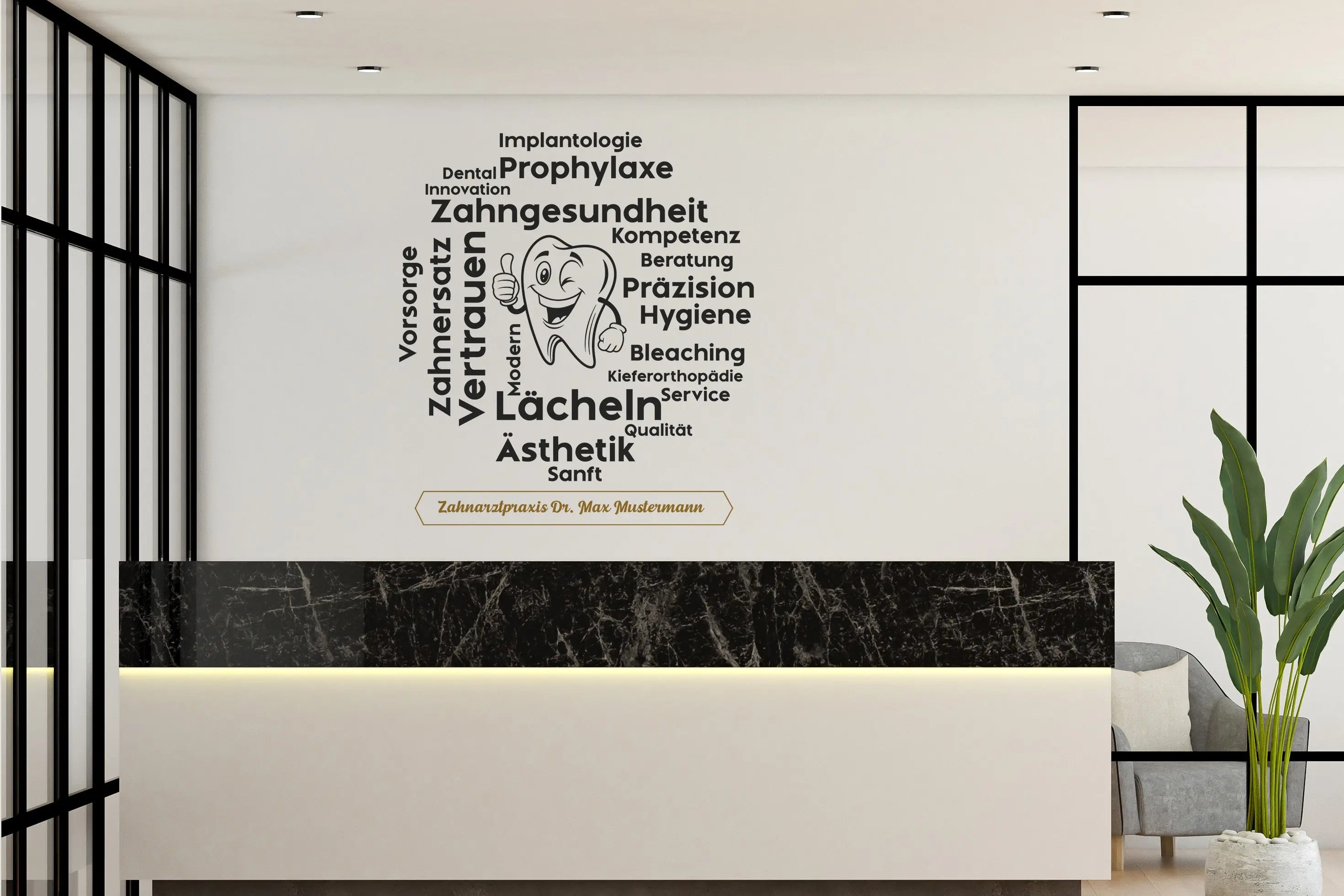 Wandtattoo Zahnarztpraxis personalisiert | Dental Wandaufkleber mit Praxisname Prakto