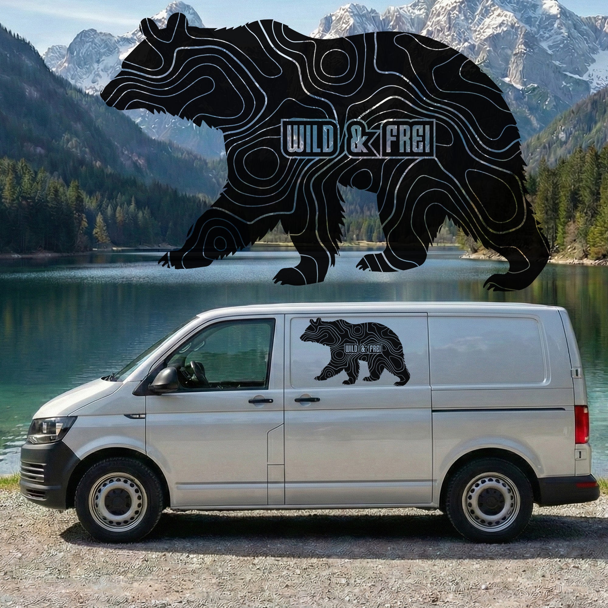 Wild & Frei Bär Autoaufkleber – Vanlife Camper Sticker mit topografischem Design – Outdoor Vinyl
