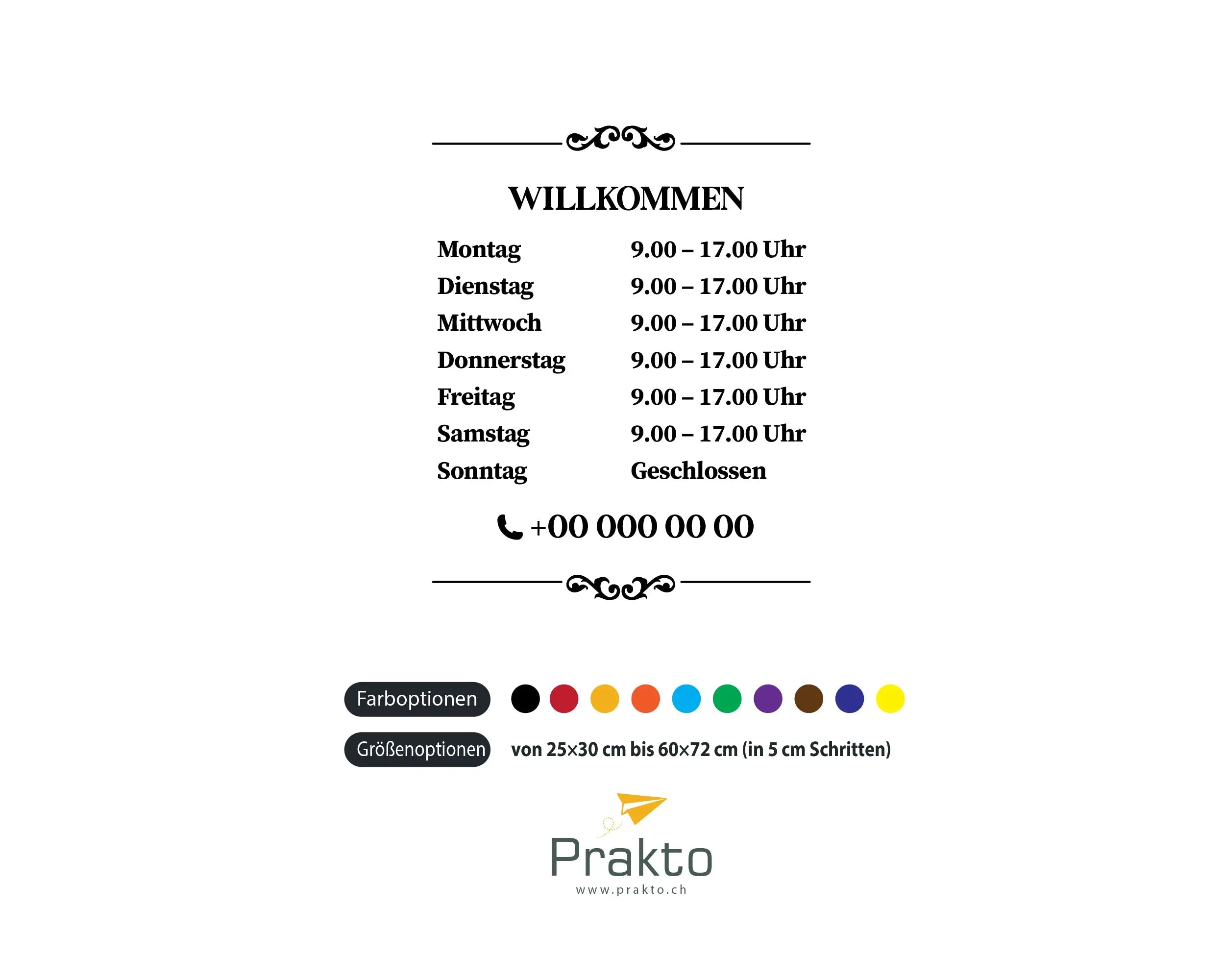 Öffnungszeiten Aufkleber – Minimalistisches Design | Personalisierte Fensterfolie für Geschäft & Schaufenster Prakto