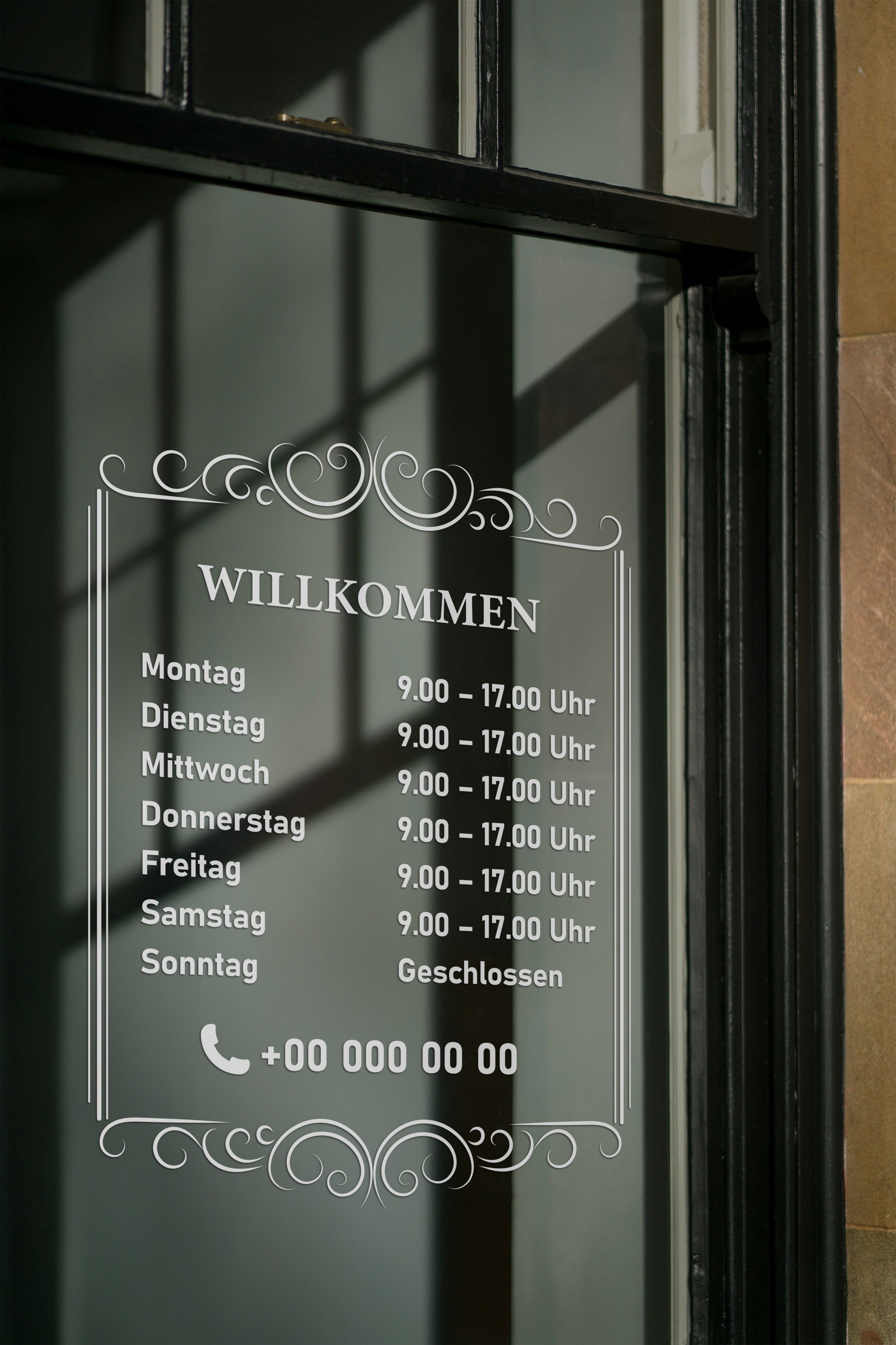 Willkommen Öffnungszeiten Aufkleber – Personalisierte Fensterfolie mit Geschäftszeiten & Telefonnummer