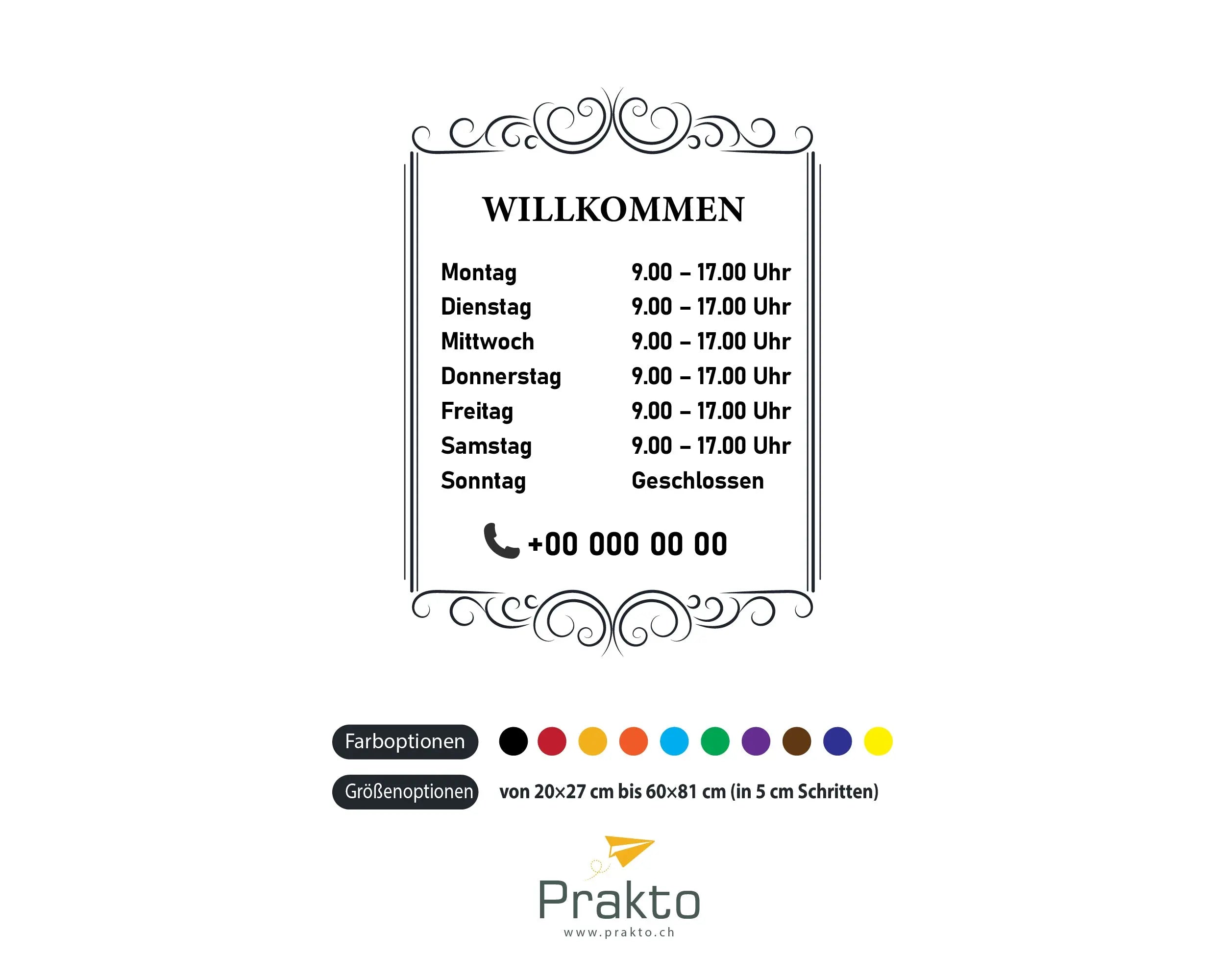 Willkommen Öffnungszeiten Aufkleber – Personalisierte Fensterfolie für Geschäft, Café & Studio Prakto