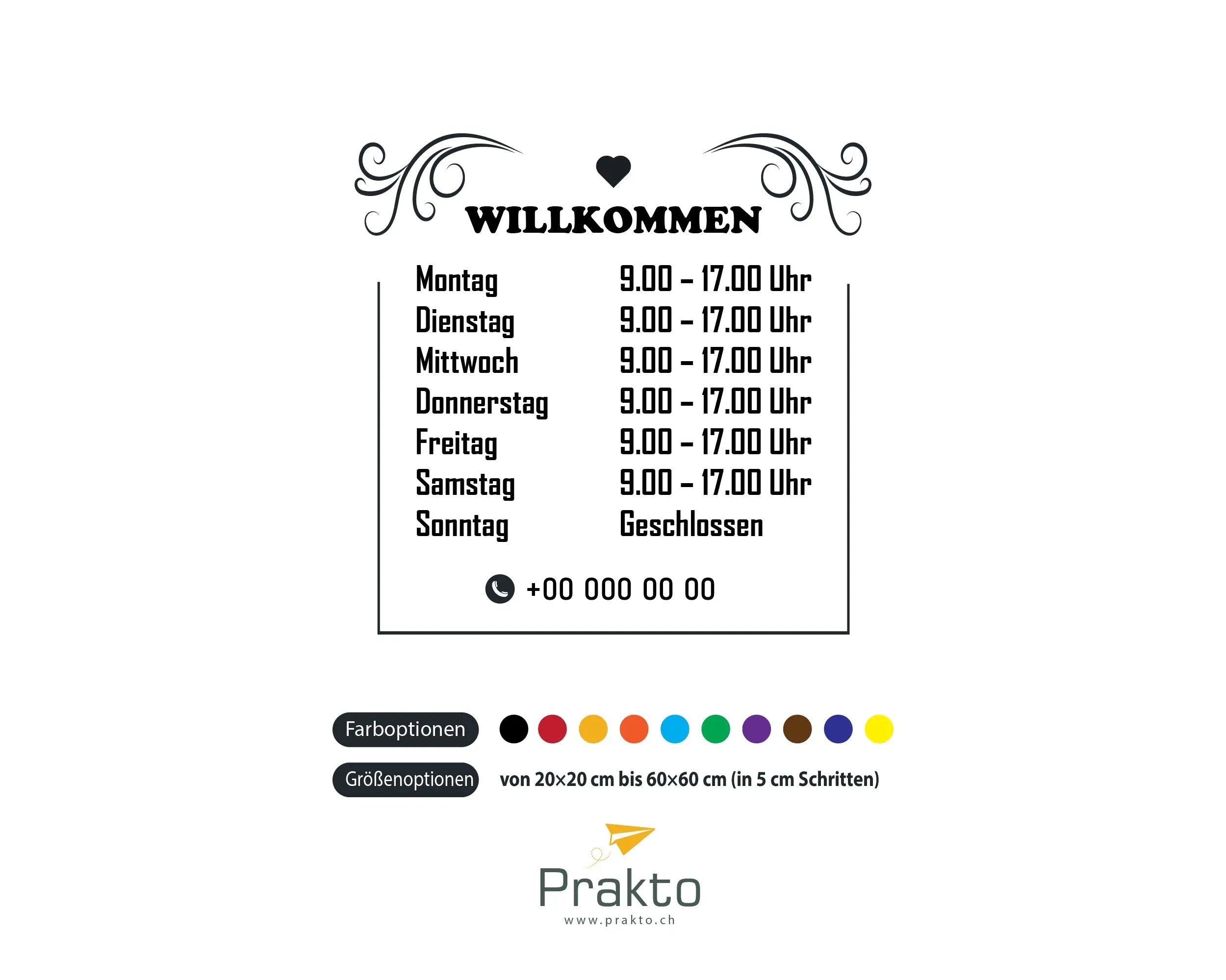 Willkommen Öffnungszeiten Fensterfolie | Personalisierter Vinyl Aufkleber für Geschäfte & Praxen Prakto