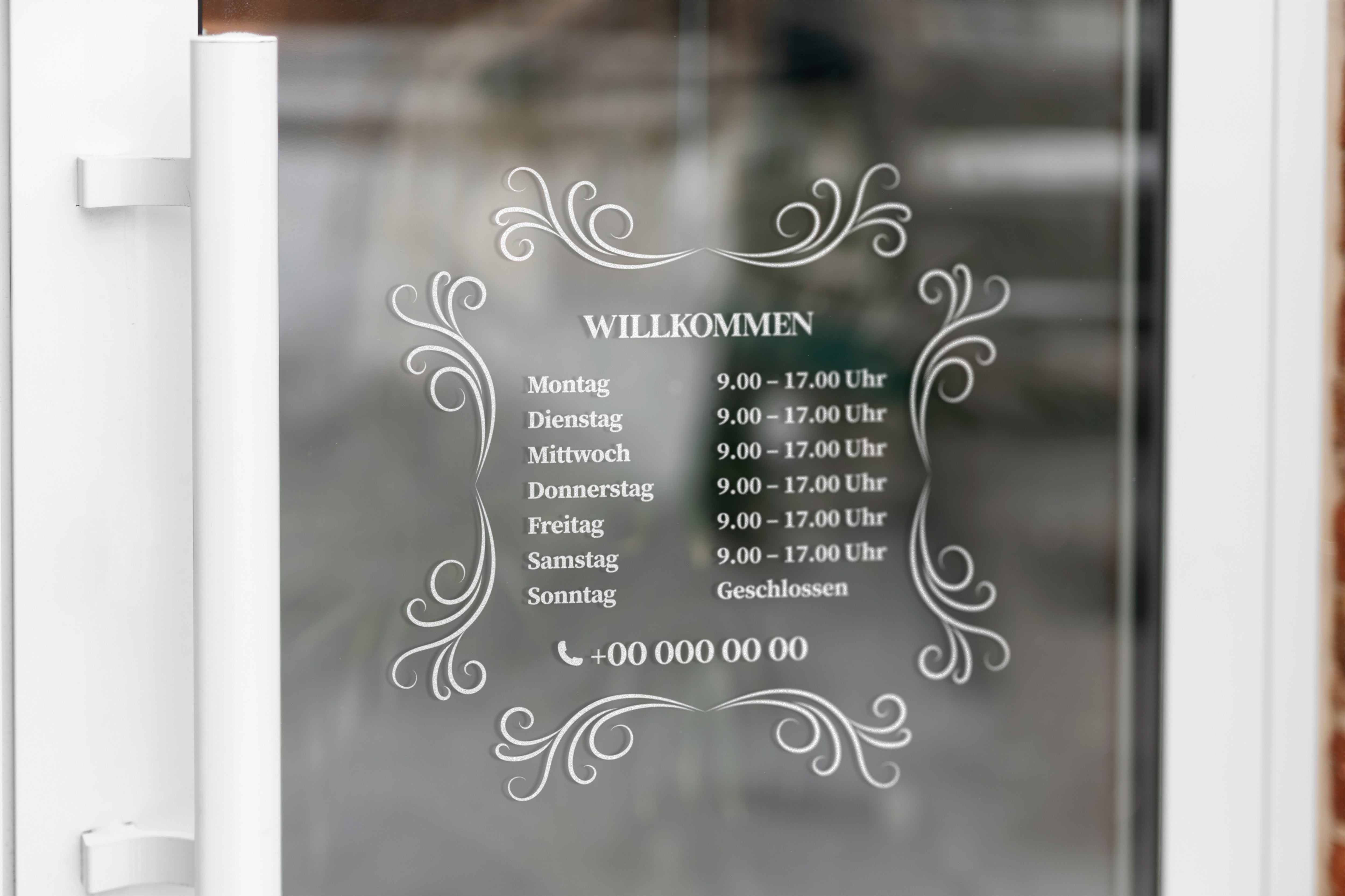 Willkommen Öffnungszeiten Aufkleber – Fensterfolie mit Öffnungszeiten & Telefonnummer für Geschäft, Café & Studio Prakto