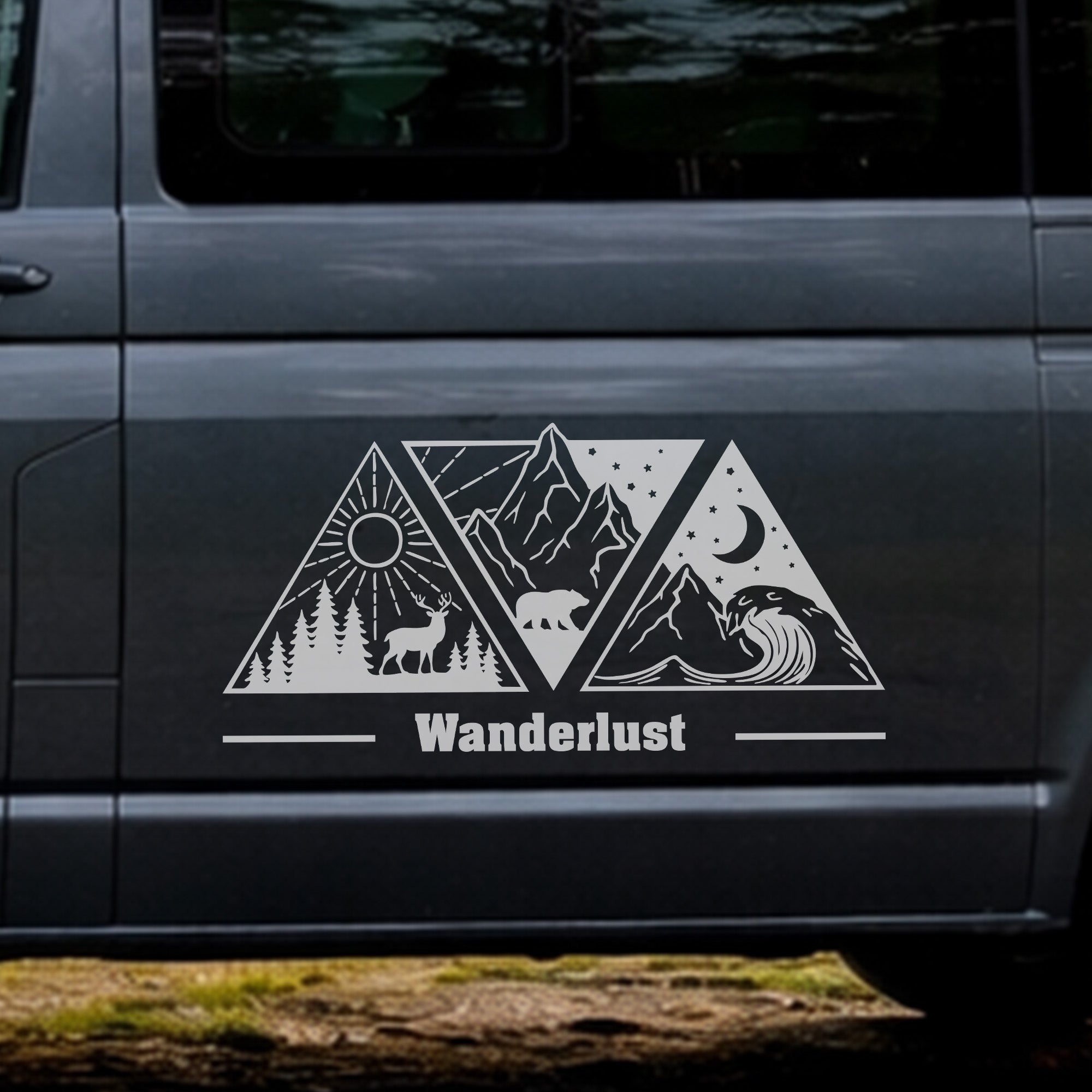 Wohnmobil Aufkleber Berge Wald & Bär – Personalisiertes Vanlife Sticker Set für Camper & Van