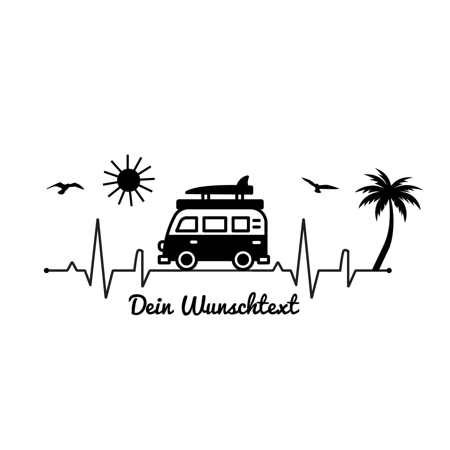 Herzschlag Camper Aufkleber Wohnmobil Vanlife EKG Linie Sonne Palme Wunschtext
