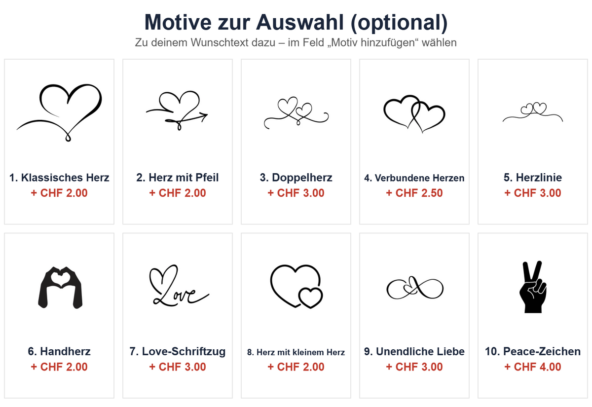 Motive zur Auswahl: Herz, Doppelherz, Love, Unendlich, Peace – optional zum Wunschtext