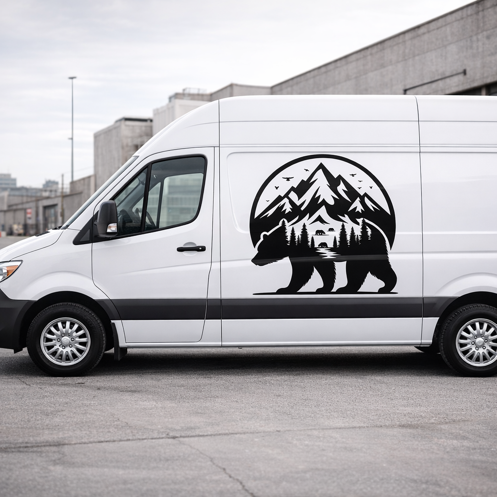 Autoaufkleber Bär mit Bergmotiv – Fahrzeugfolie für Camper, Van & SUV (Links / Rechts)
