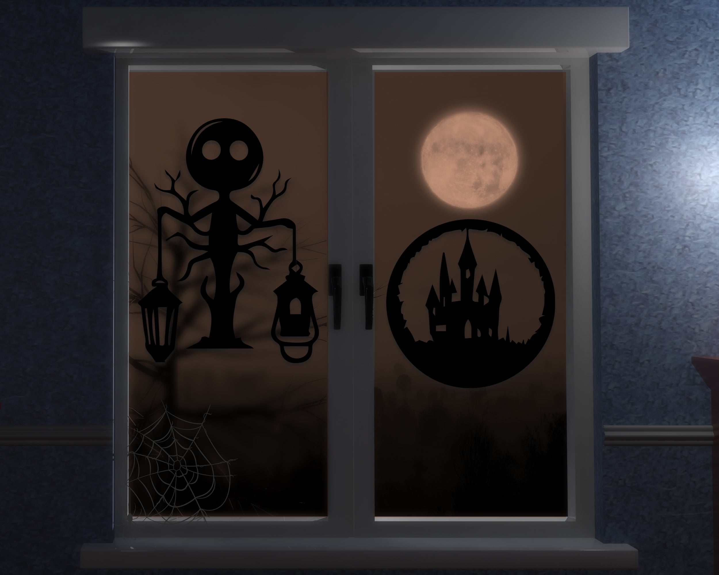 Spooky Halloween Fenster-Aufkleber Set – Hexe, Schloss & Baum – Gruselige Vinyl Deko für Glas & Wand