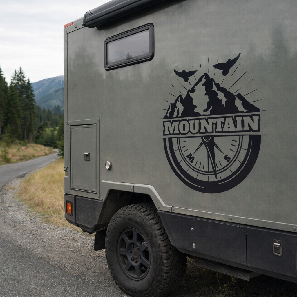 Personalisierter Mountain Kompass Van Aufkleber – Camper & Overland Fahrzeug Vinyl Sticker