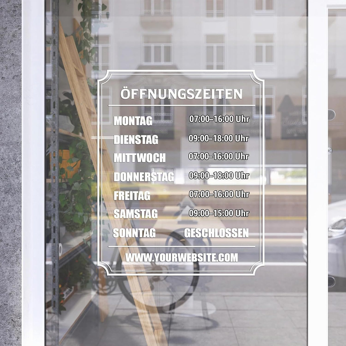Vintage Öffnungszeiten Aufkleber mit Zierrahmen – Detailansicht