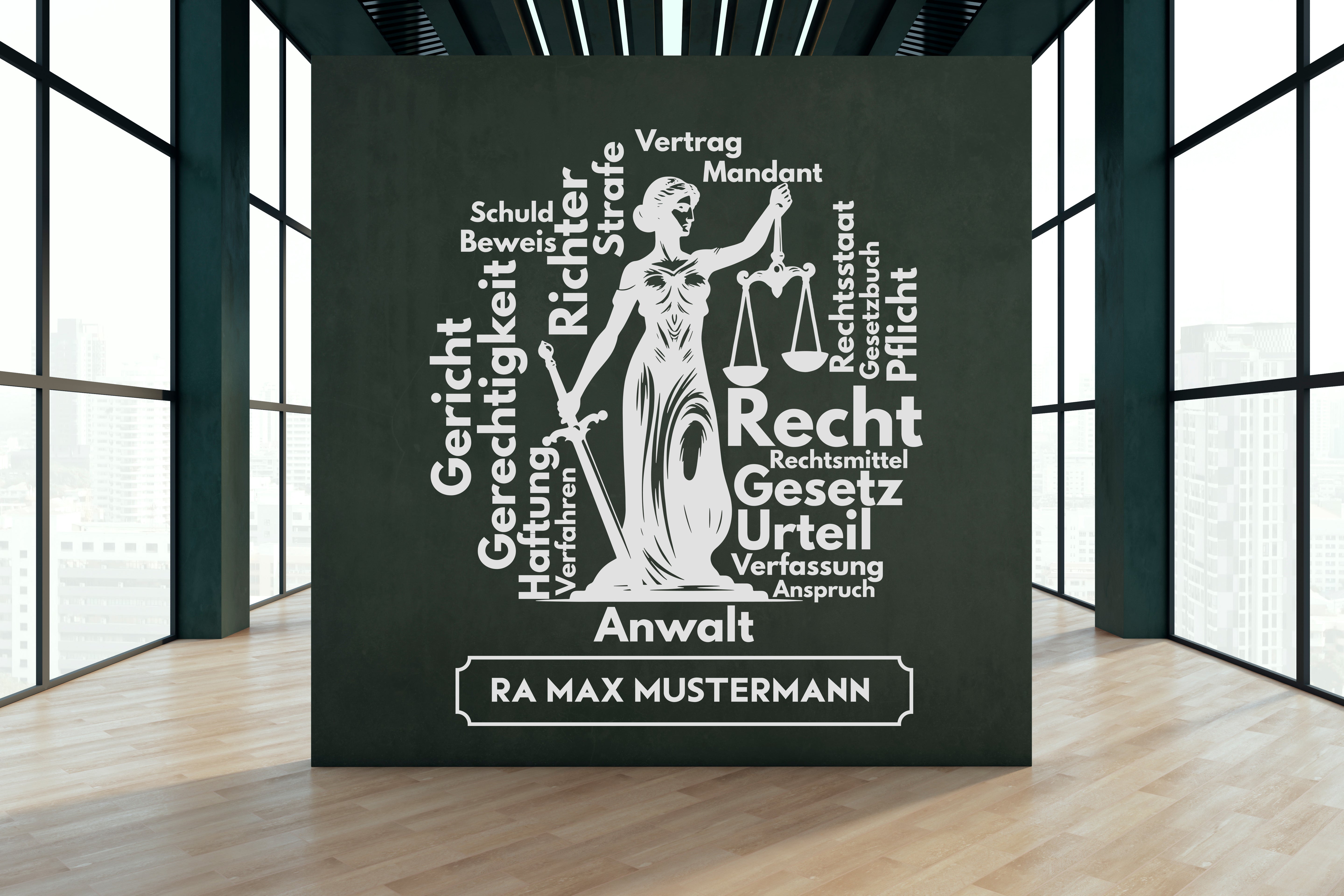 Wandtattoo Kanzlei mit Name | Justitia Wandaufkleber für Anwalt & Juristenbüro