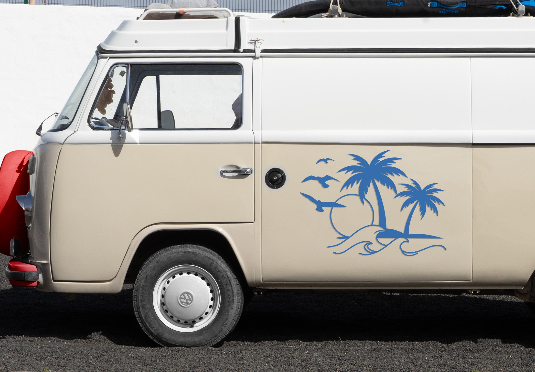 Sonne Welle Palmen Aufkleber – Camper Vanlife Decal | Surf Style Auto & Wohnmobil Sticker | Premium Vinyl