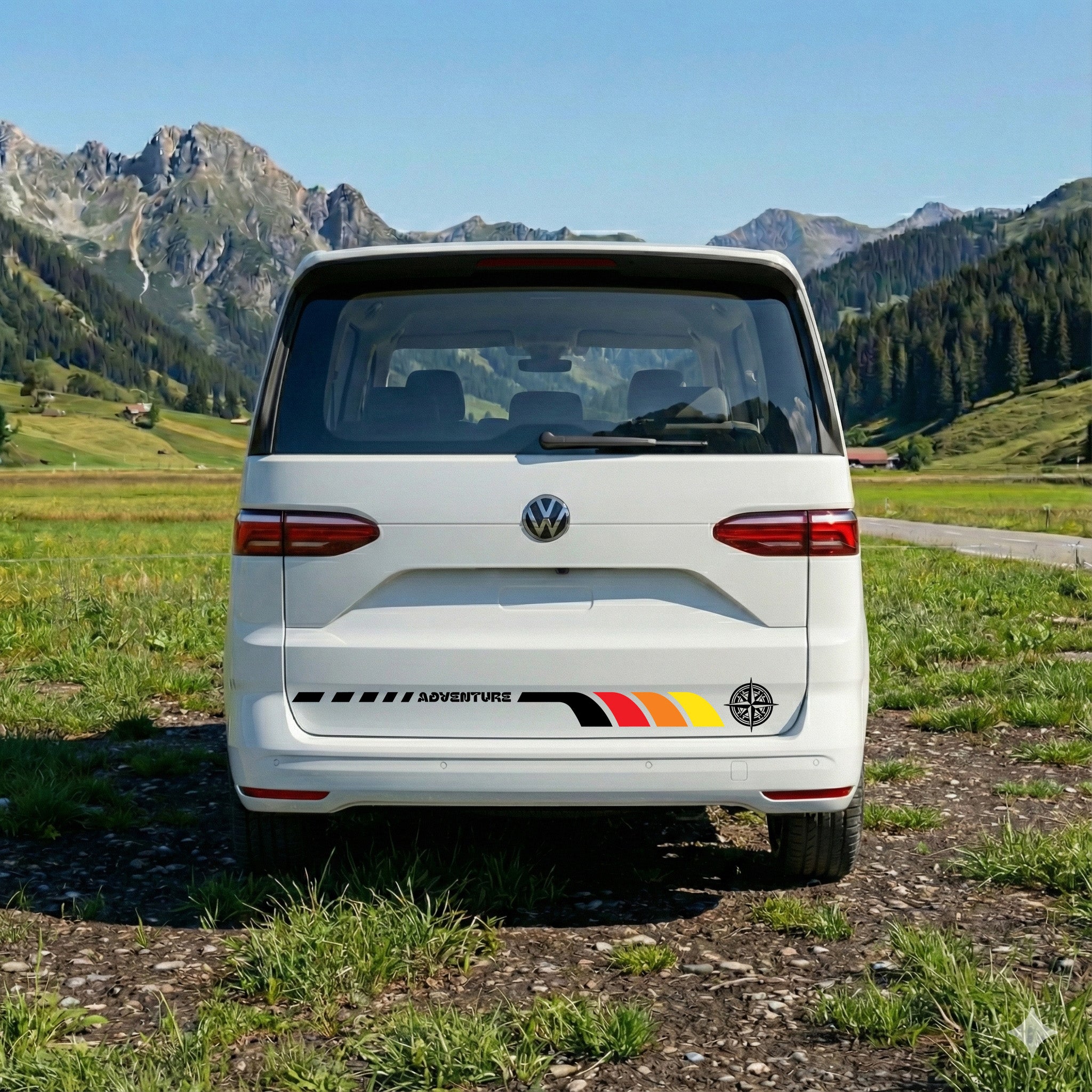 VW T7 Camper Seitenstreifen Aufkleber – Adventure Kompass Design mit Wunschtext | Vanlife Auto Sticker personalisiert