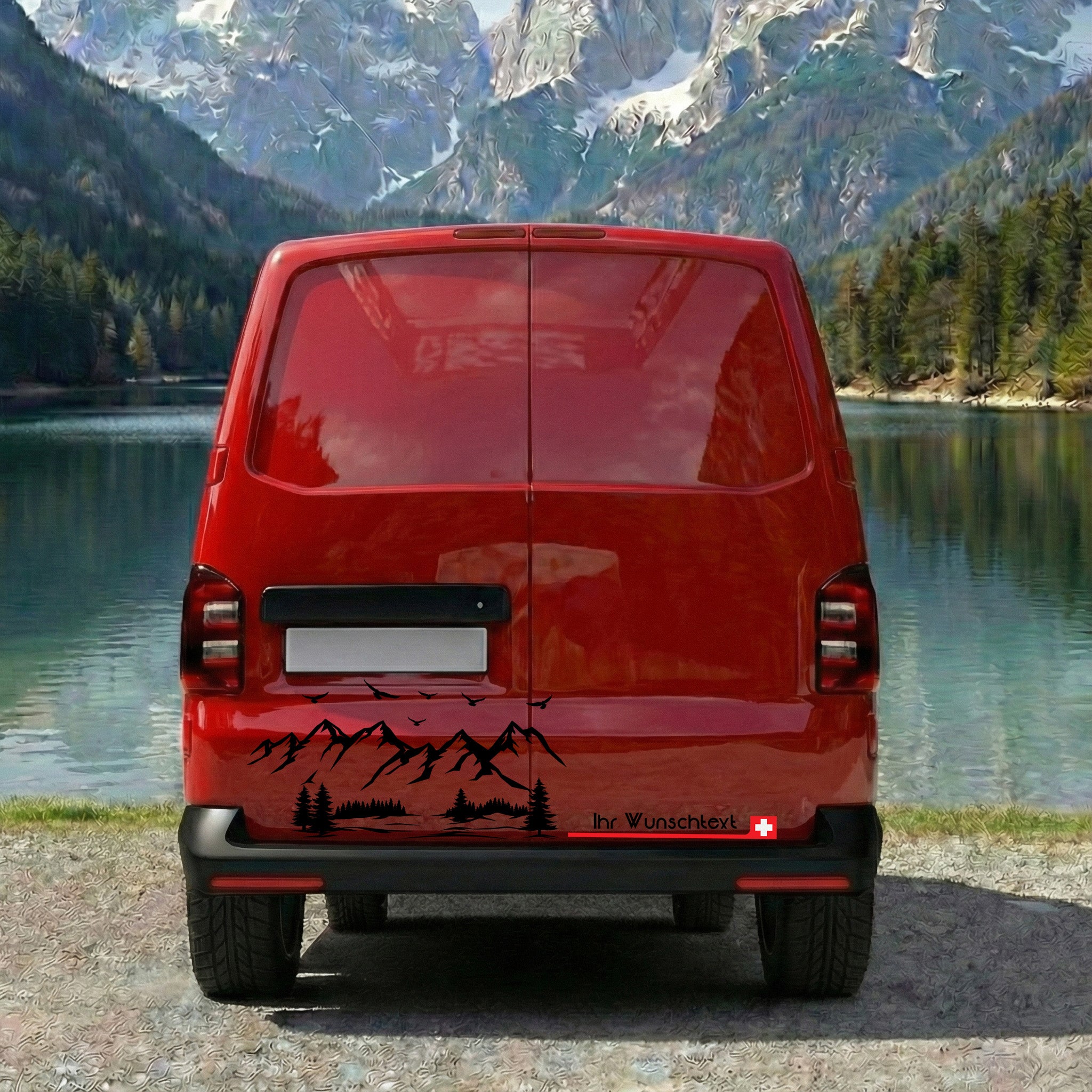 VW T5 T6 T6.1 Seitenstreifen Aufkleber Berge – Personalisiert mit Wunschtext & Flagge | Camper Van Dekor Set