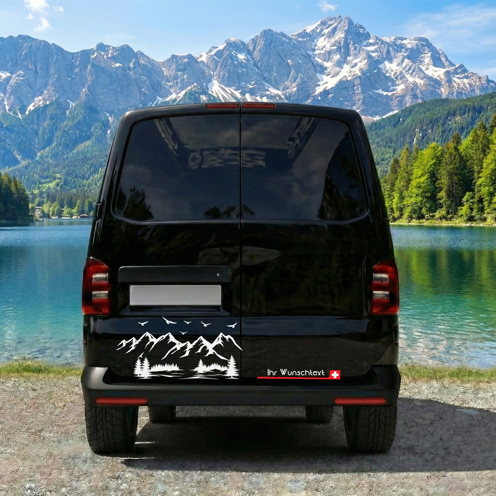 VW T5 T6 T6.1 Seitenstreifen Aufkleber Berge – Personalisiert mit Wunschtext & Flagge | Camper Van Dekor Set