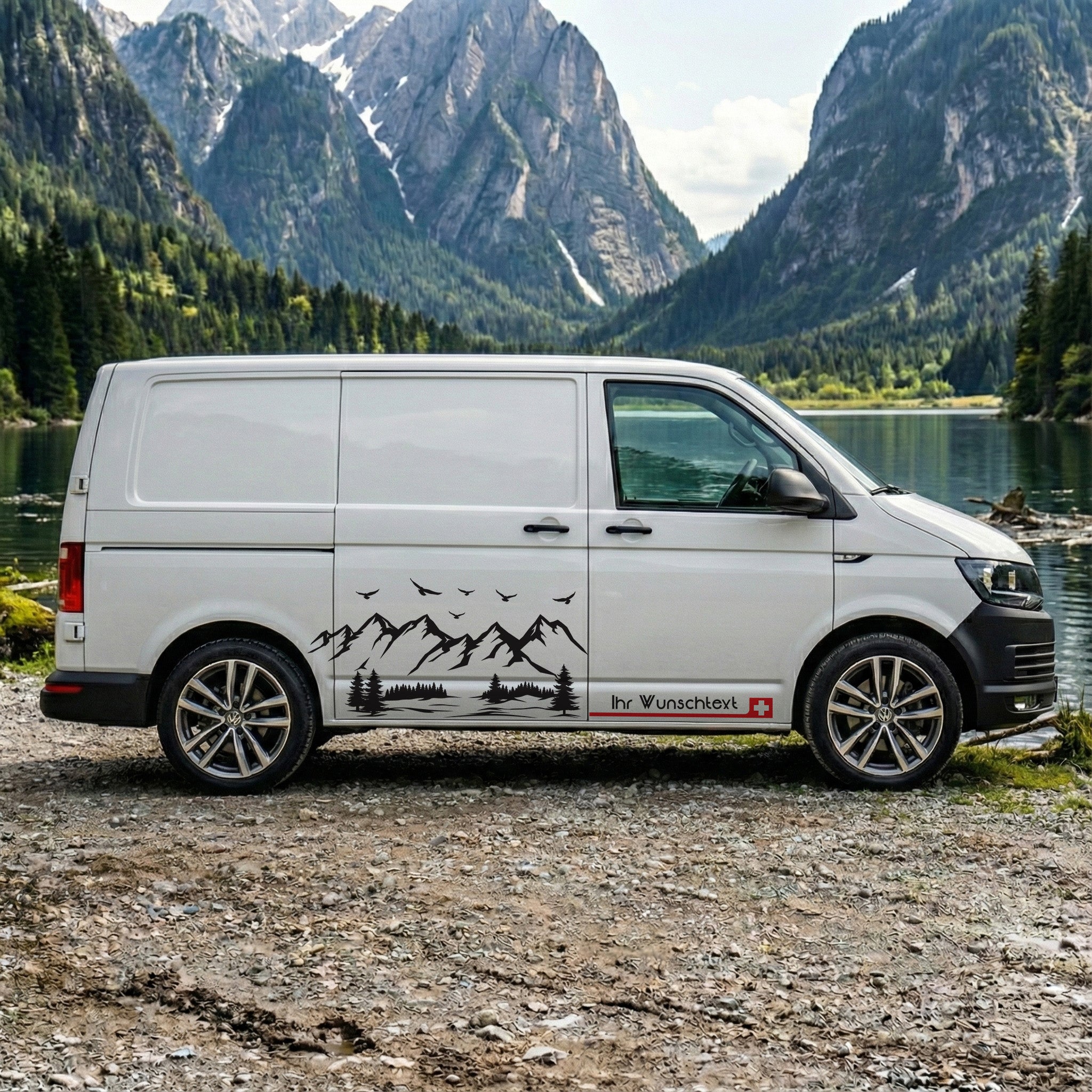 VW T5 T6 T6.1 Seitenstreifen Aufkleber Berge – Personalisiert mit Wunschtext & Flagge | Camper Van Dekor Set