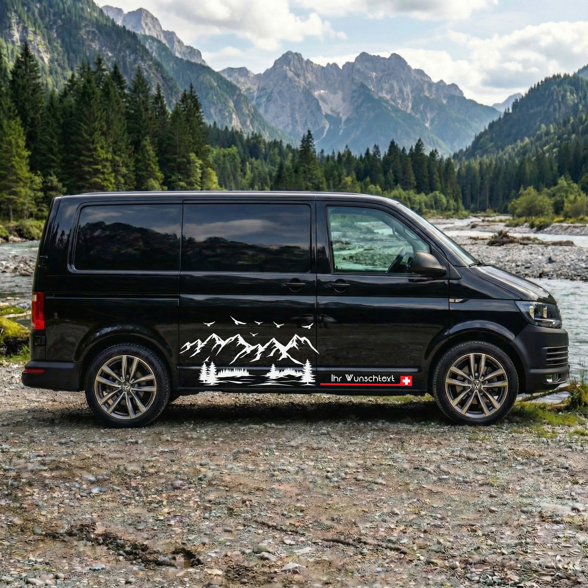 VW T5 T6 T6.1 Seitenstreifen Aufkleber Berge – Personalisiert mit Wunschtext & Flagge | Camper Van Dekor Set