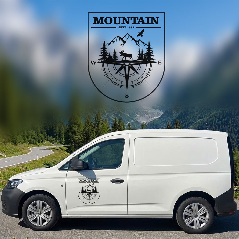 Vanlife Autoaufkleber Mountain Kompass & Hirsch – Personalisiert