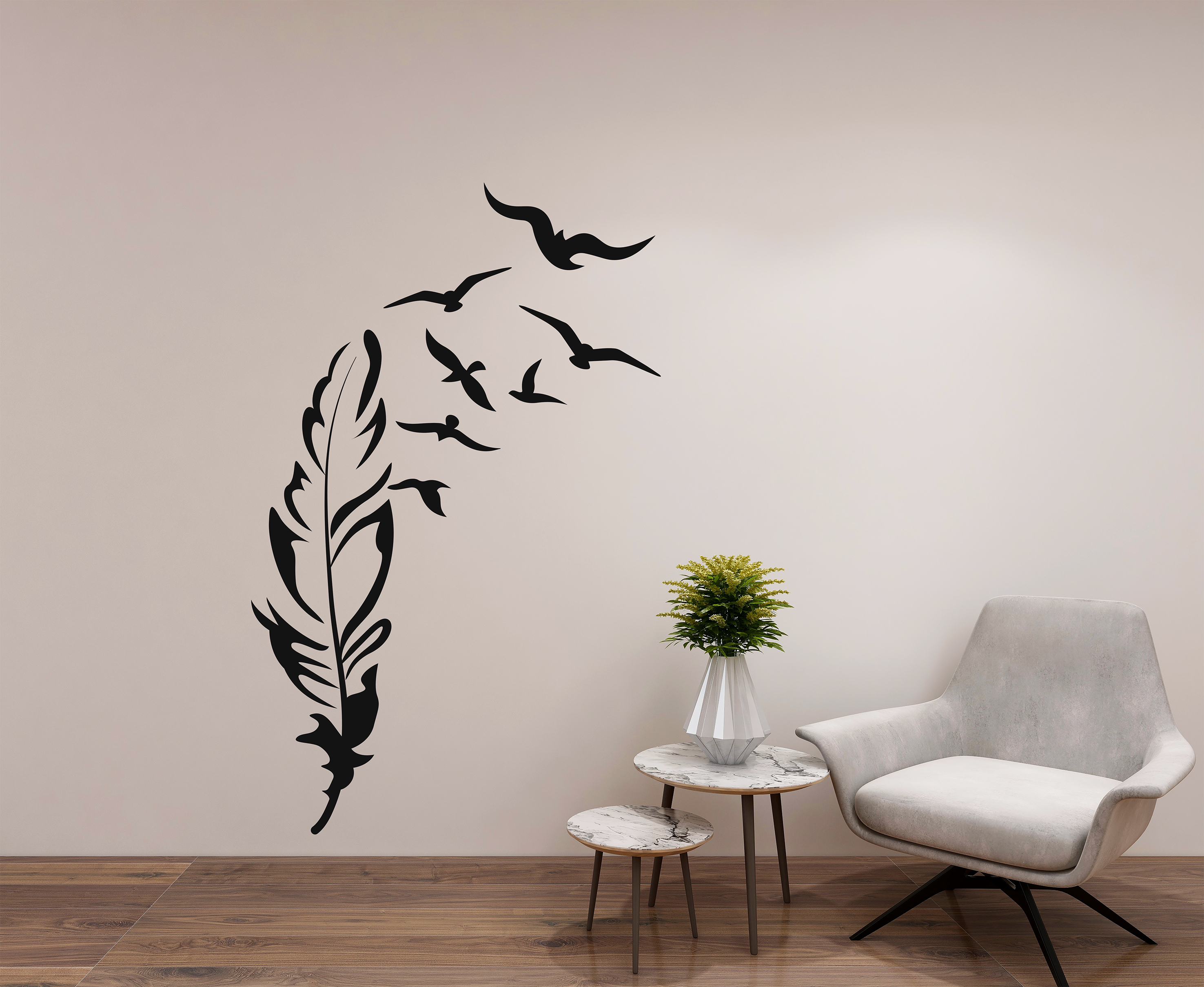 Minimalistisches Feder & Vögel Wandtattoo aus Vinyl – Moderne Wanddeko für Wohnzimmer & Schlafzimmer
