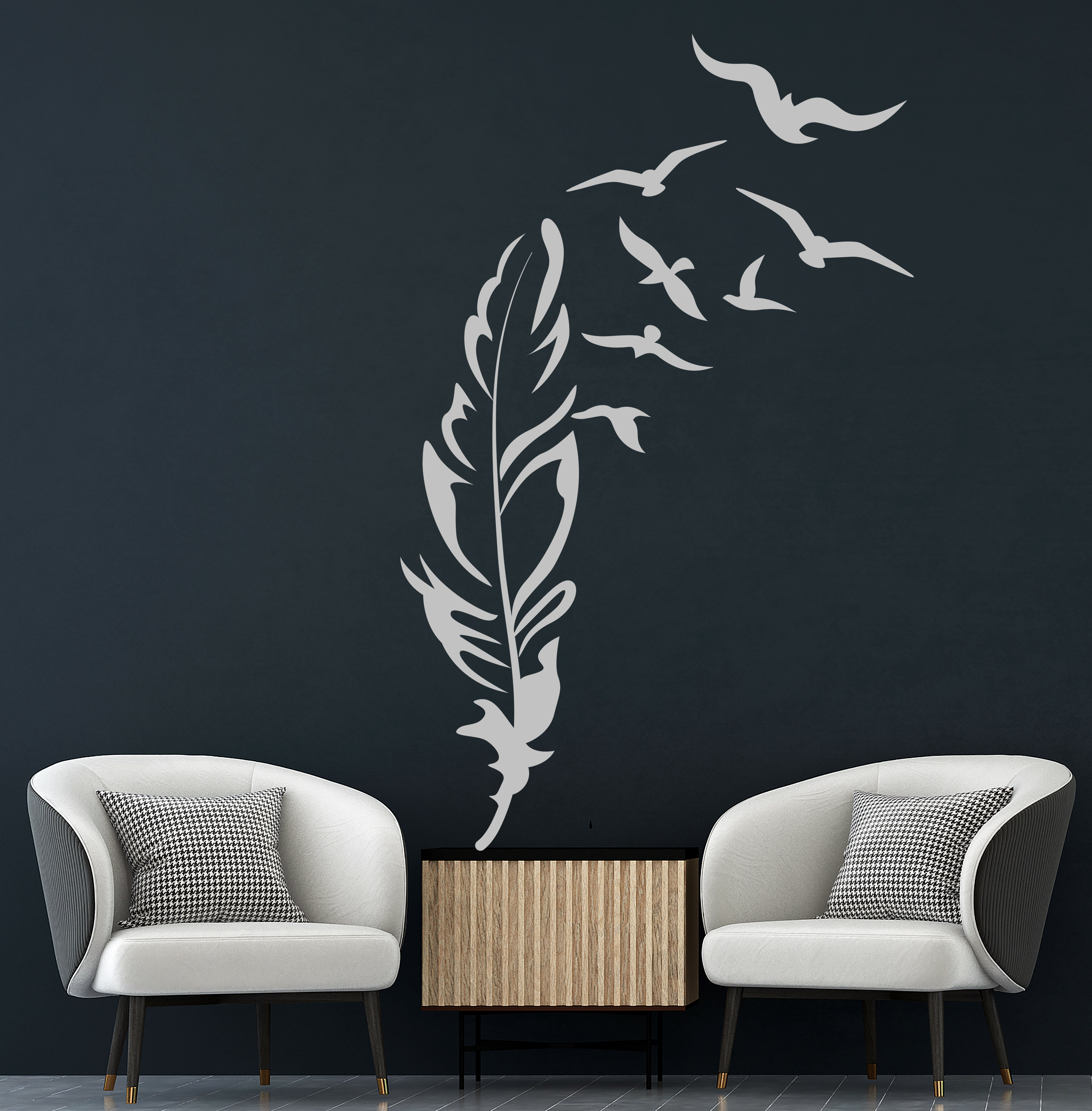 Minimalistisches Feder & Vögel Wandtattoo aus Vinyl – Moderne Wanddeko für Wohnzimmer & Schlafzimmer