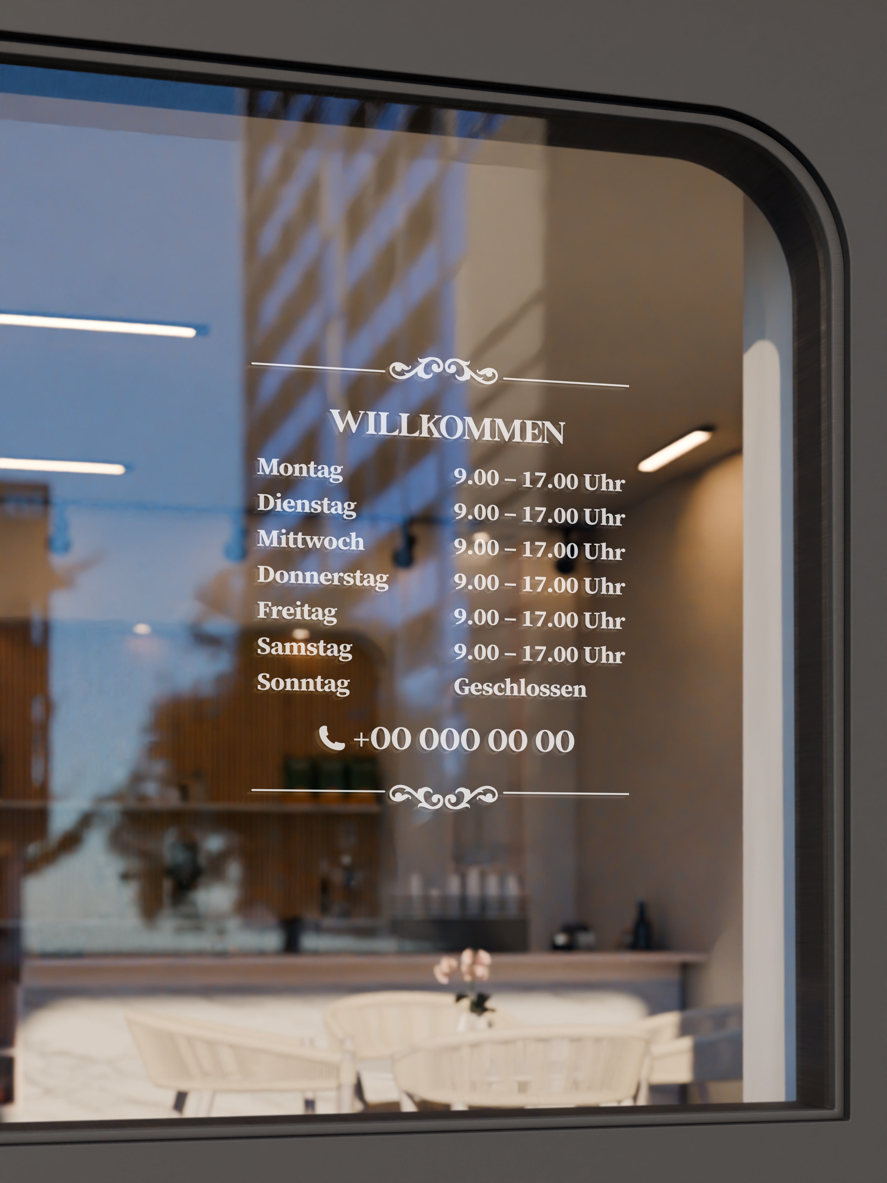 Öffnungszeiten Aufkleber – Minimalistisches Design | Personalisierte Fensterfolie für Geschäft & Schaufenster