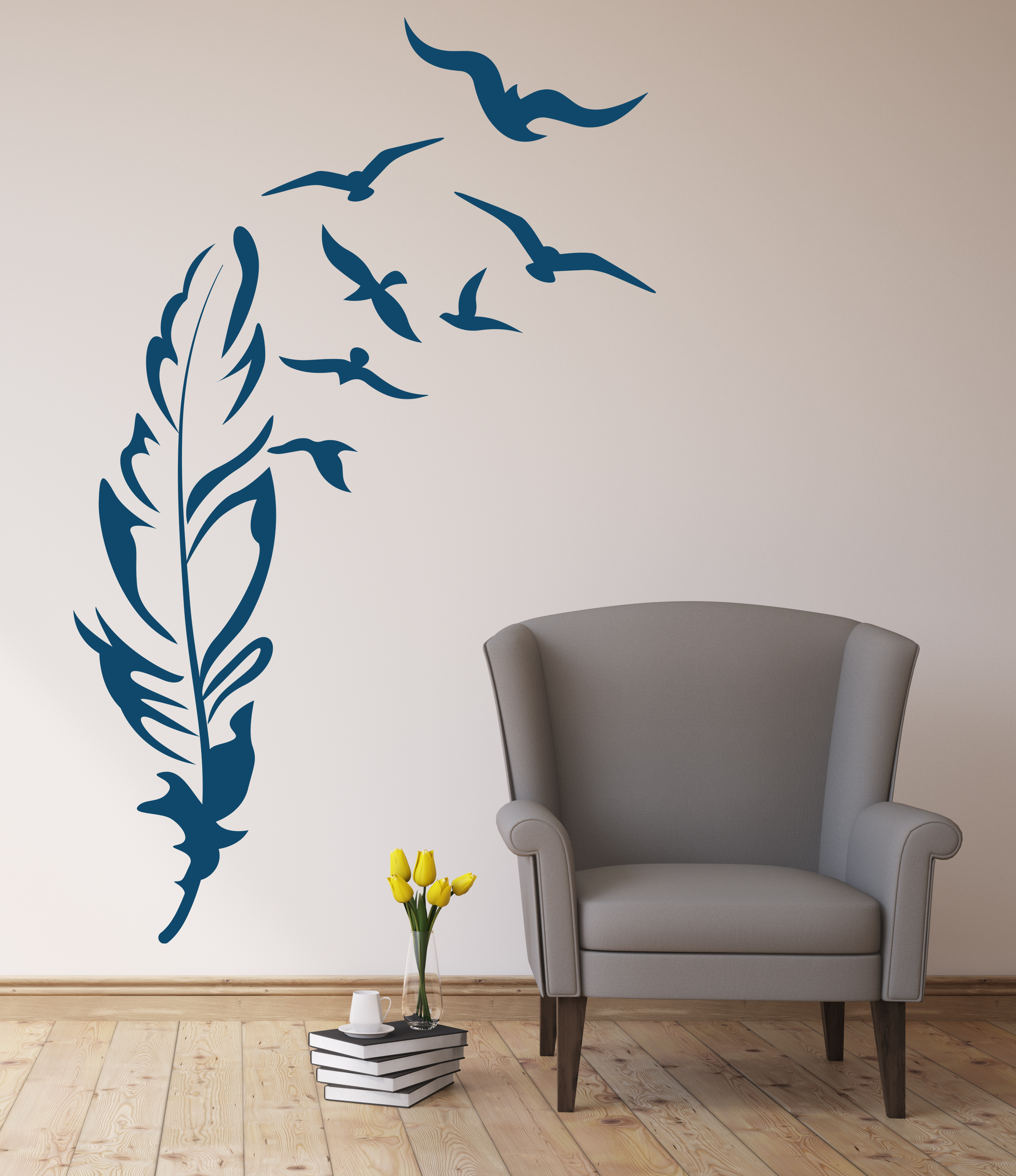 Minimalistisches Feder & Vögel Wandtattoo aus Vinyl – Moderne Wanddeko für Wohnzimmer & Schlafzimmer