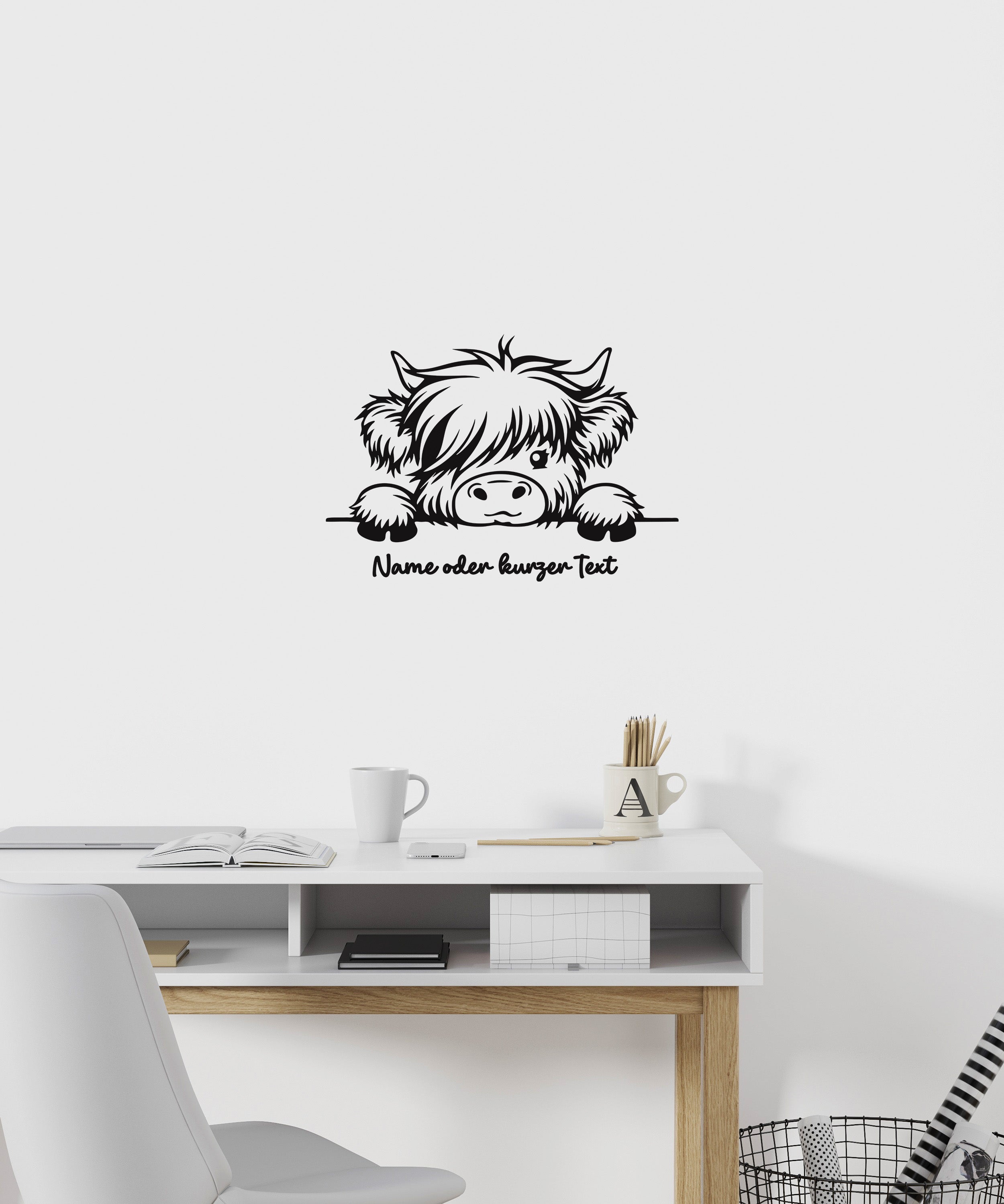 Personalisierter Highland Kuh Wandsticker – Lustige Schwarz-Weiß Wanddeko mit Name