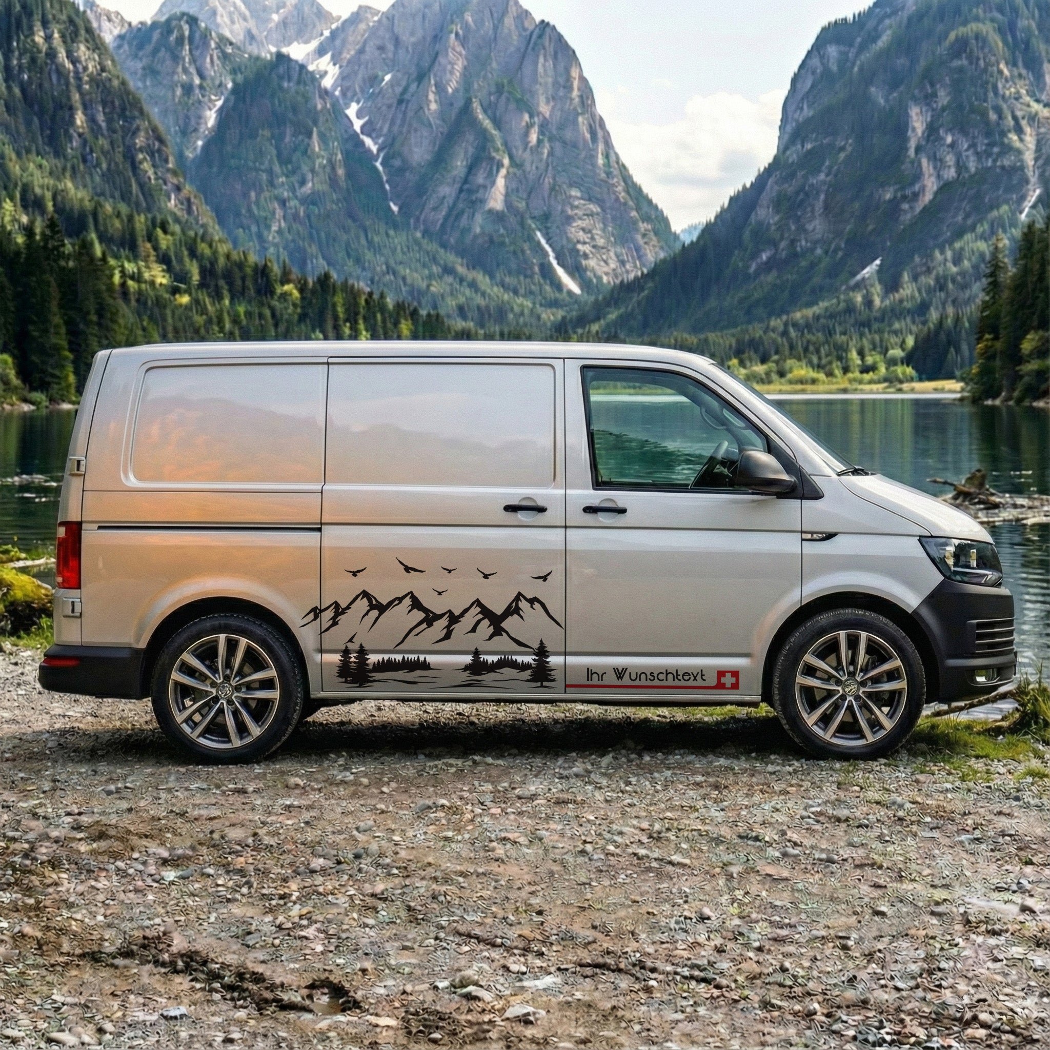VW T5 T6 T6.1 Seitenstreifen Aufkleber Berge – Personalisiert mit Wunschtext & Flagge | Camper Van Dekor Set
