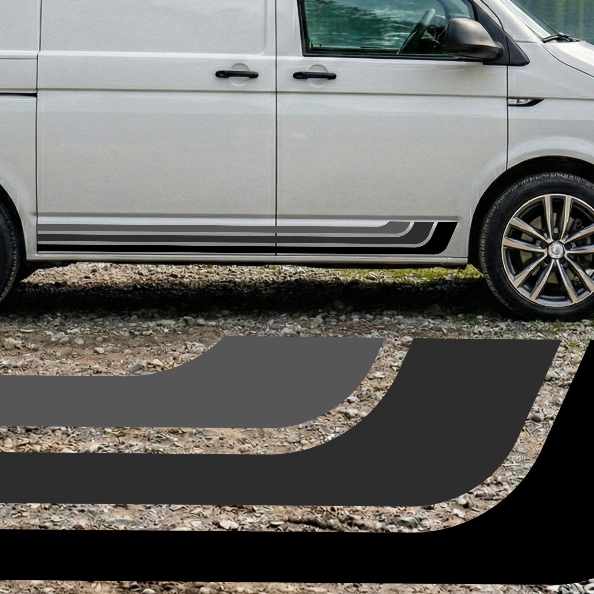 Modern Camper Van Side Stripe Decal Set (Left & Right) – Black & Grey Retro Vinyl
