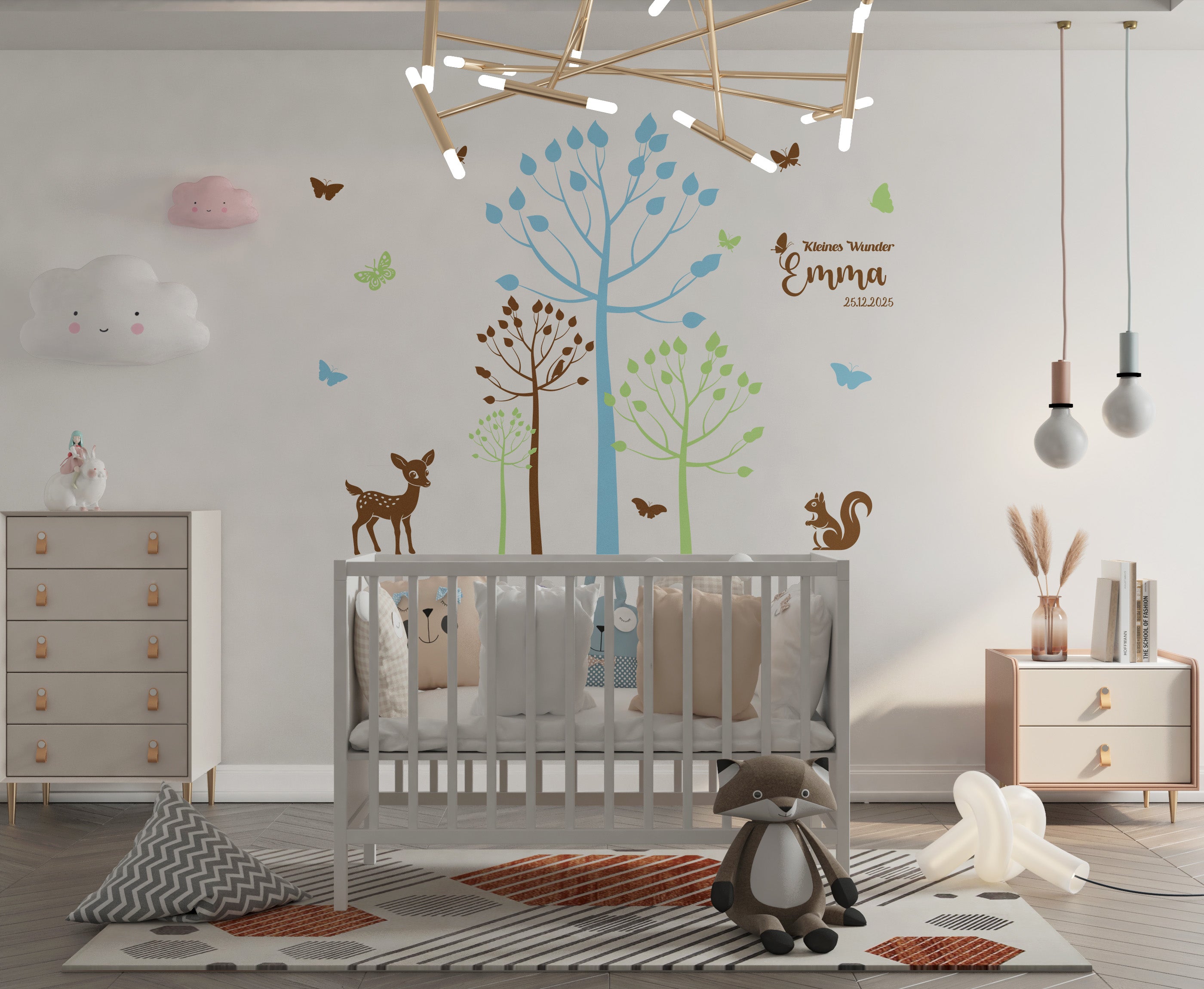 Wandtattoo Kinderzimmer Waldtiere – Personalisiert | 3-Farben Boho Wandaufkleber mit Name